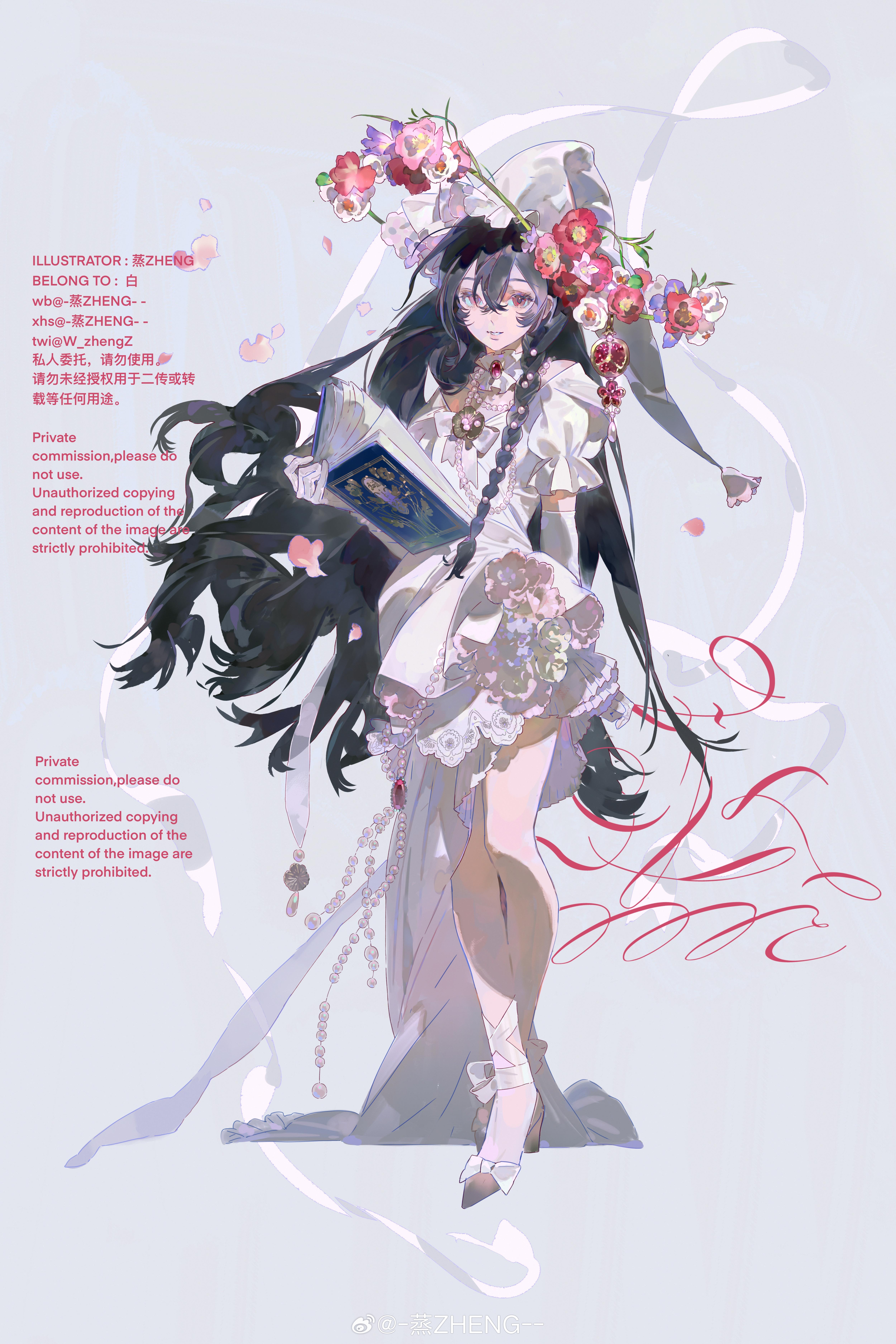 absurdres, highres, non-web source, 1girl, black hair, dress, flower, full body, hat, w zhengzz, white dress, witch hat