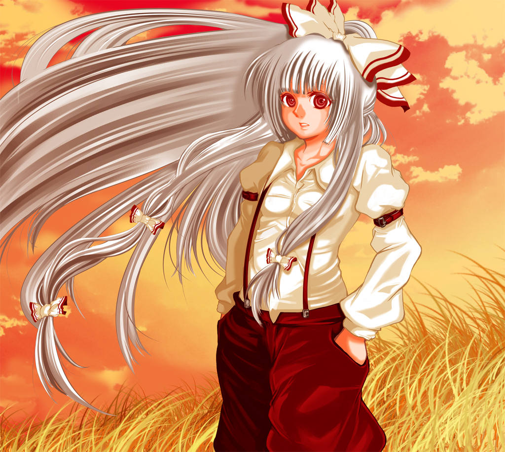 gynoid (pixiv), hoozuki shia, fujiwara no mokou, touhou, silver hair, bad id, bad pixiv id, 1girl, bow, cloud, female focus, hair bow, hair ribbon, long hair, multiple hair bows, outdoors, plant, red eyes, ribbon, sky, solo, standing