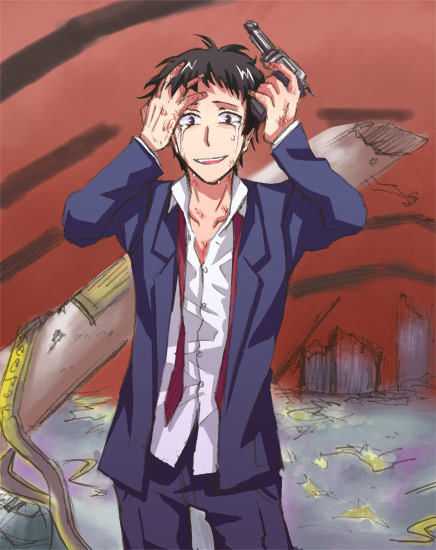 erutasuku, adachi tooru, atlus, persona, persona 4, bad id, bad pixiv id, spoilers, 1boy, black hair, crazy, gun, male focus, necktie, ruins, short hair, solo, tears, weapon