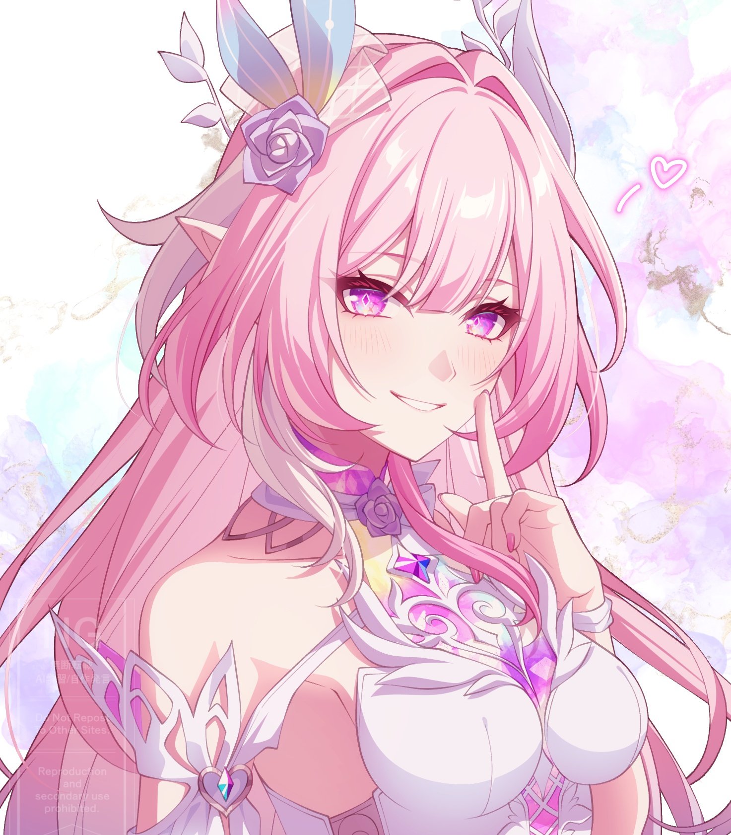 pochimaru (marumaru wanwan), cyrene (honkai: star rail), cyrene (ripples of past reverie) (honkai: star rail), honkai: star rail, honkai (series), commentary, highres, 1girl, bare shoulders, breasts, diamond-shaped pupils, diamond (shape), fingernails, flower, hair flower, hair intakes, hair ornament, hand up, index finger raised, light blush, long hair, looking at viewer, medium breasts, nail polish, parted lips, pink eyes, pointy ears, purple flower, purple rose, rose, sidelocks, smile, solo, symbol-shaped pupils, upper body, watermark