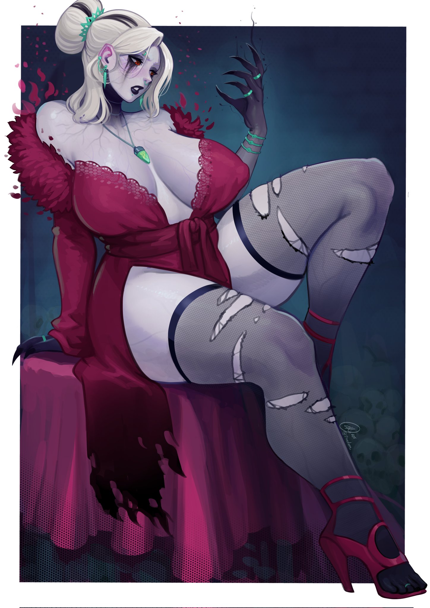 ed (edemevas), original, highres, second-party source, 1girl, black lips, blonde hair, bracelet, breasts, claws, cleavage, covered erect nipples, earrings, eyebrow piercing, face piercing, fishnet thighhighs, fishnets, high heels, jewelry, large breasts, necklace, pale skin, piercing, red eyes, ring, signature, sitting, solo, thighhighs, torn clothes, torn thighhighs, veins