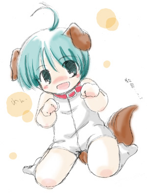 lowres, animal ears, blush, collar, green eyes, green hair, short hair, tail