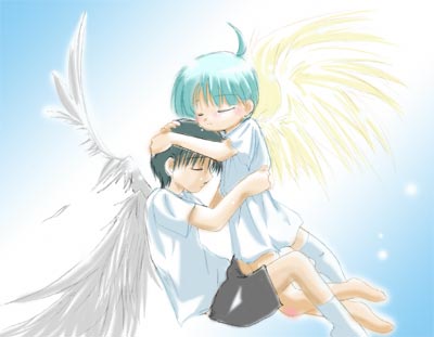 lowres, 2boys, angel wings, black hair, closed eyes, green hair, hug, male focus, multiple boys, wings