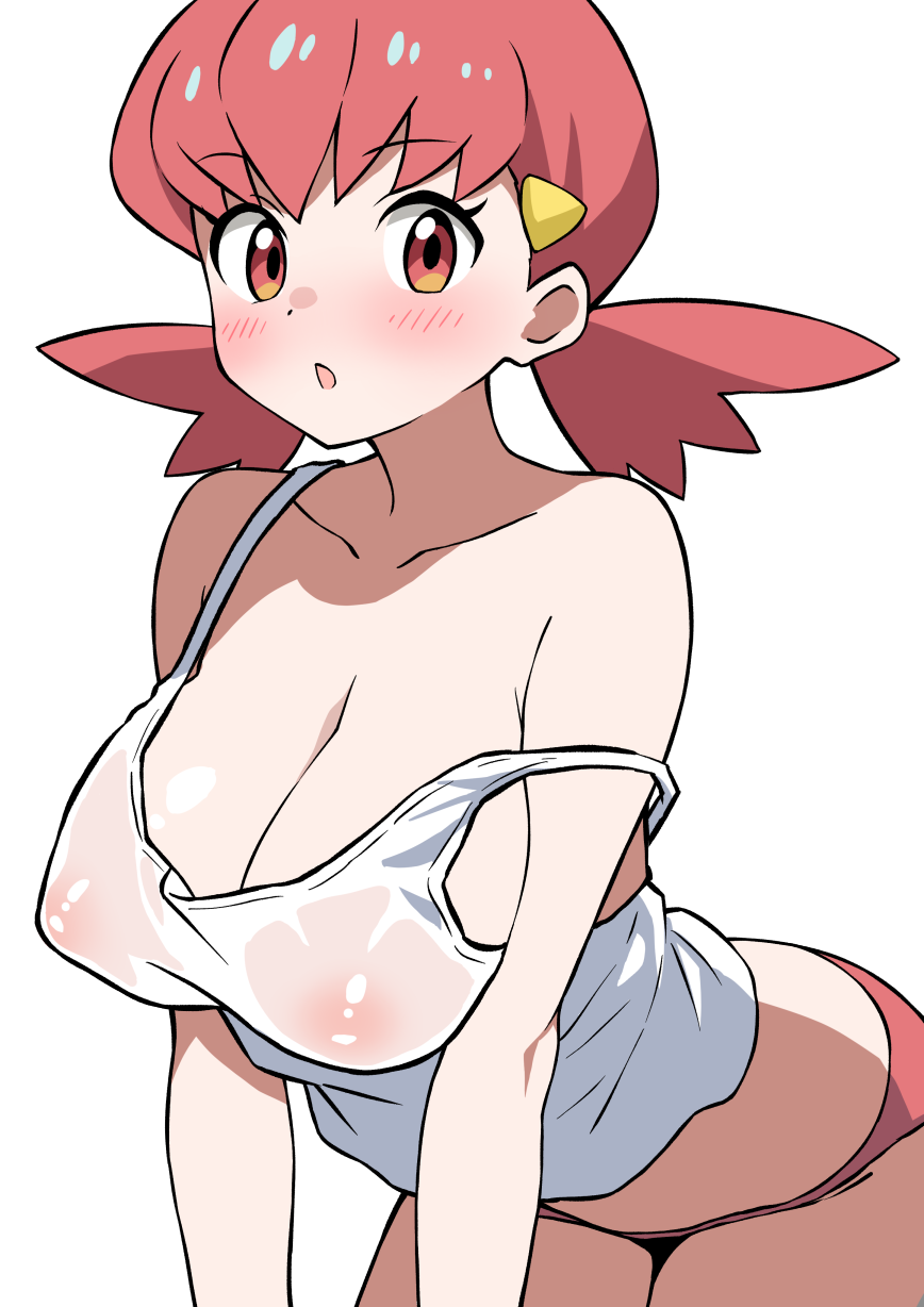 ecgg (tsuji418477), whitney (pokemon), nintendo, pokemon, pokemon hgss, commentary request, highres, 1girl, blush, breasts, collarbone, large breasts, looking at viewer, off shoulder, open mouth, panties, red hair, red panties, see-through clothes, see-through shirt, shirt, short hair, short twintails, simple background, solo, tank top, twintails, underwear, white background, white tank top