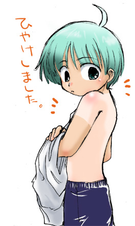 lowres, translated, green eyes, green hair, male focus, short hair, simple background, tan, tanline