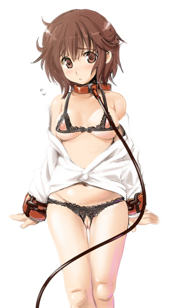 kouguchi moto, bad id, bad pixiv id, character request, 1girl, bdsm, black panties, bondage cuffs, bra, breasts, brown eyes, brown hair, collar, crotchless, crotchless panties, female focus, leash, lingerie, looking at viewer, navel, nippleless clothes, nipples, open clothes, open shirt, panties, pussy, shirt, short hair, slave, solo, underwear, viewer holding leash