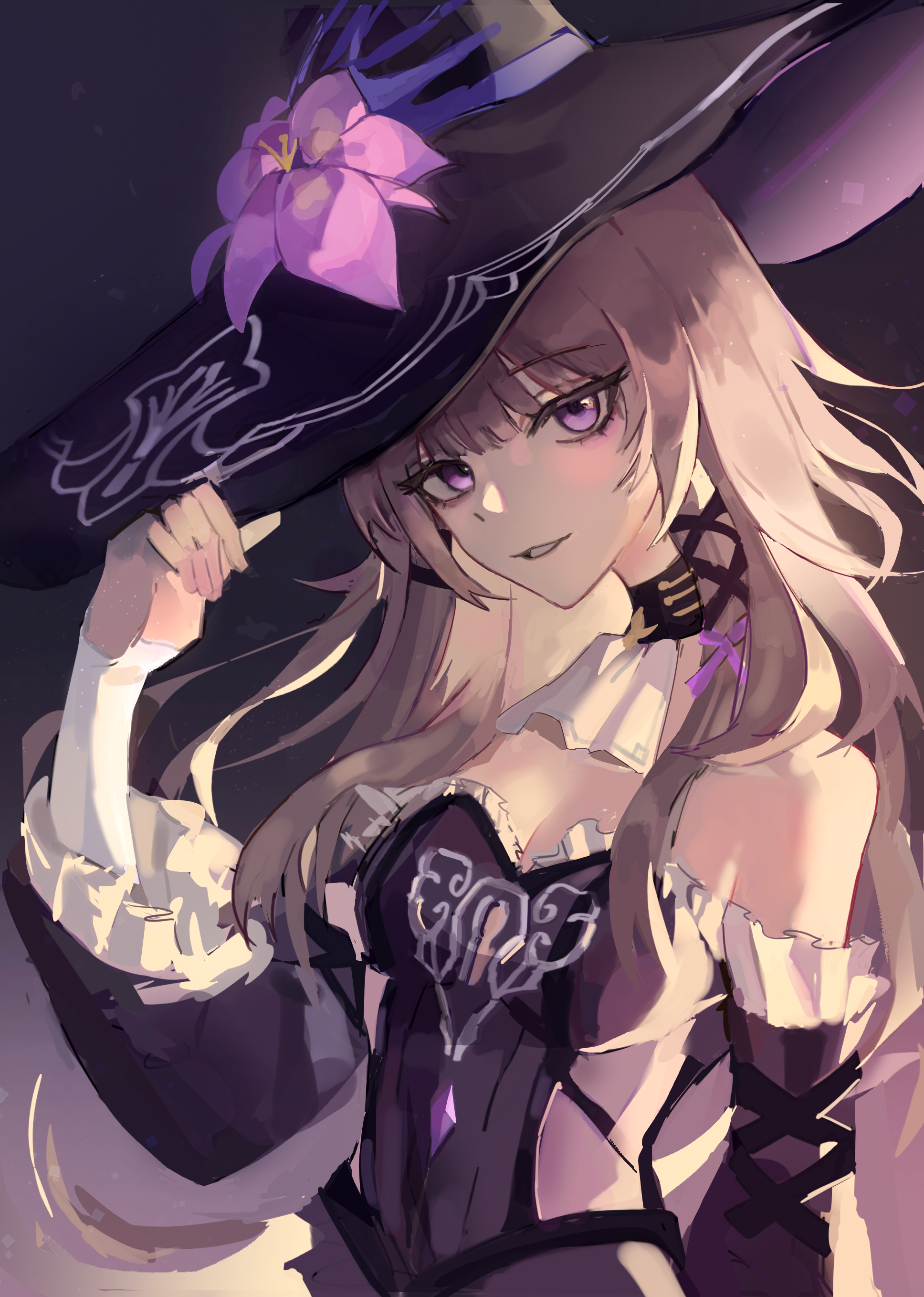 herta (honkai: star rail), the herta (honkai: star rail), honkai: star rail, honkai (series), absurdres, commentary, highres, 1girl, ascot, black choker, black hat, breasts, choker, cleavage, detached sleeves, dress, flower, grey hair, grin, hand up, hat, hat flower, long hair, long sleeves, looking at viewer, parted lips, purple eyes, purple flower, rangmal, smile, solo, strapless, strapless dress, upper body, very long hair, white ascot, witch hat