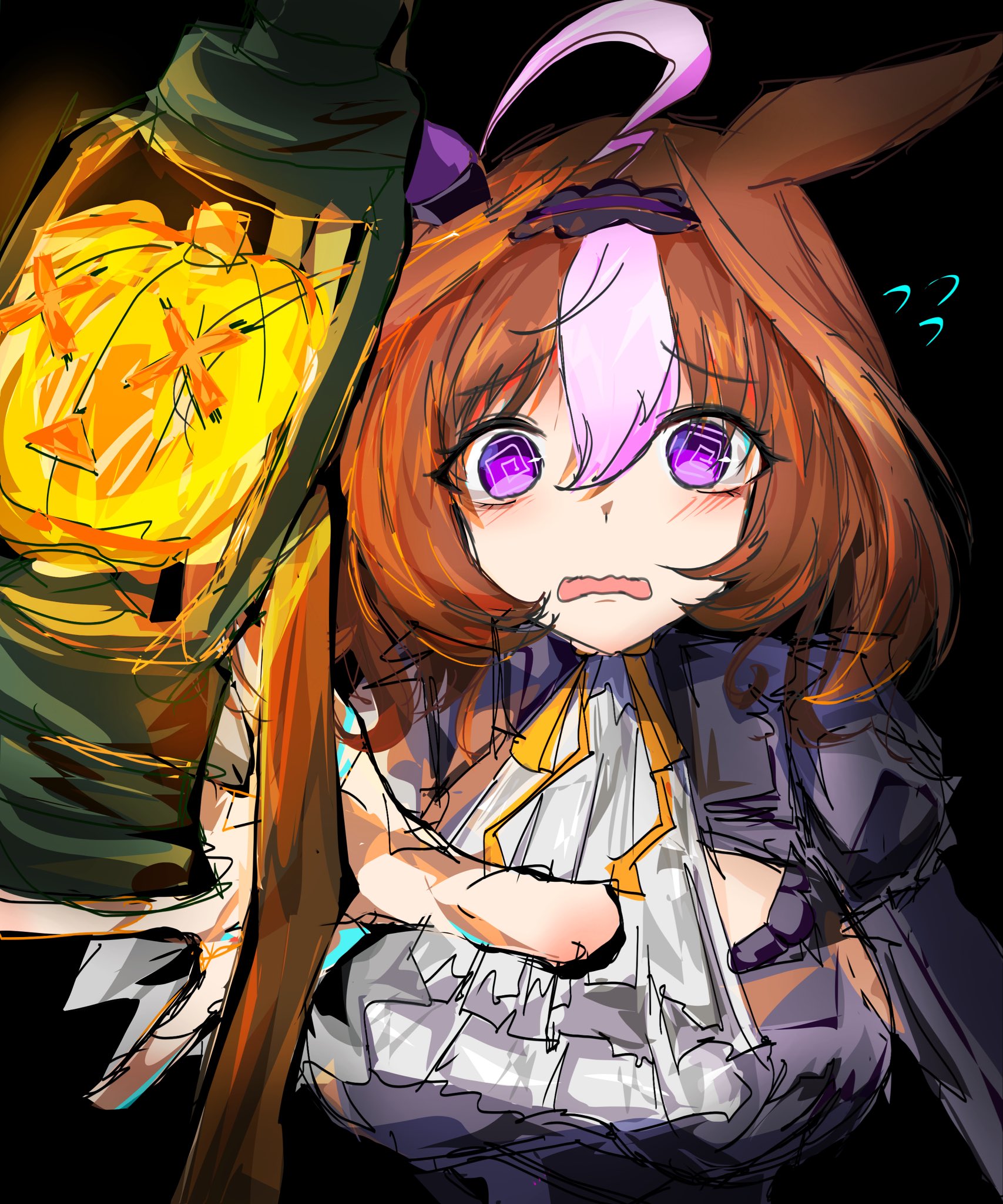 meisho doto (umamusume), umamusume, umamusume: road to the top, highres, 1girl, @ @, ahoge, animal ears, blush, bow, breasts, brown hair, double-parted bangs, ear covers, ear ribbon, ears down, ghost ornament, hair between eyes, hairband, horse ears, horse girl, horse tail, large breasts, long sleeves, medium hair, multicolored hair, open mouth, pink hairband, purple eyes, shirt, short hair, single ear cover, tail, torada tetora, two-tone hair, white hair