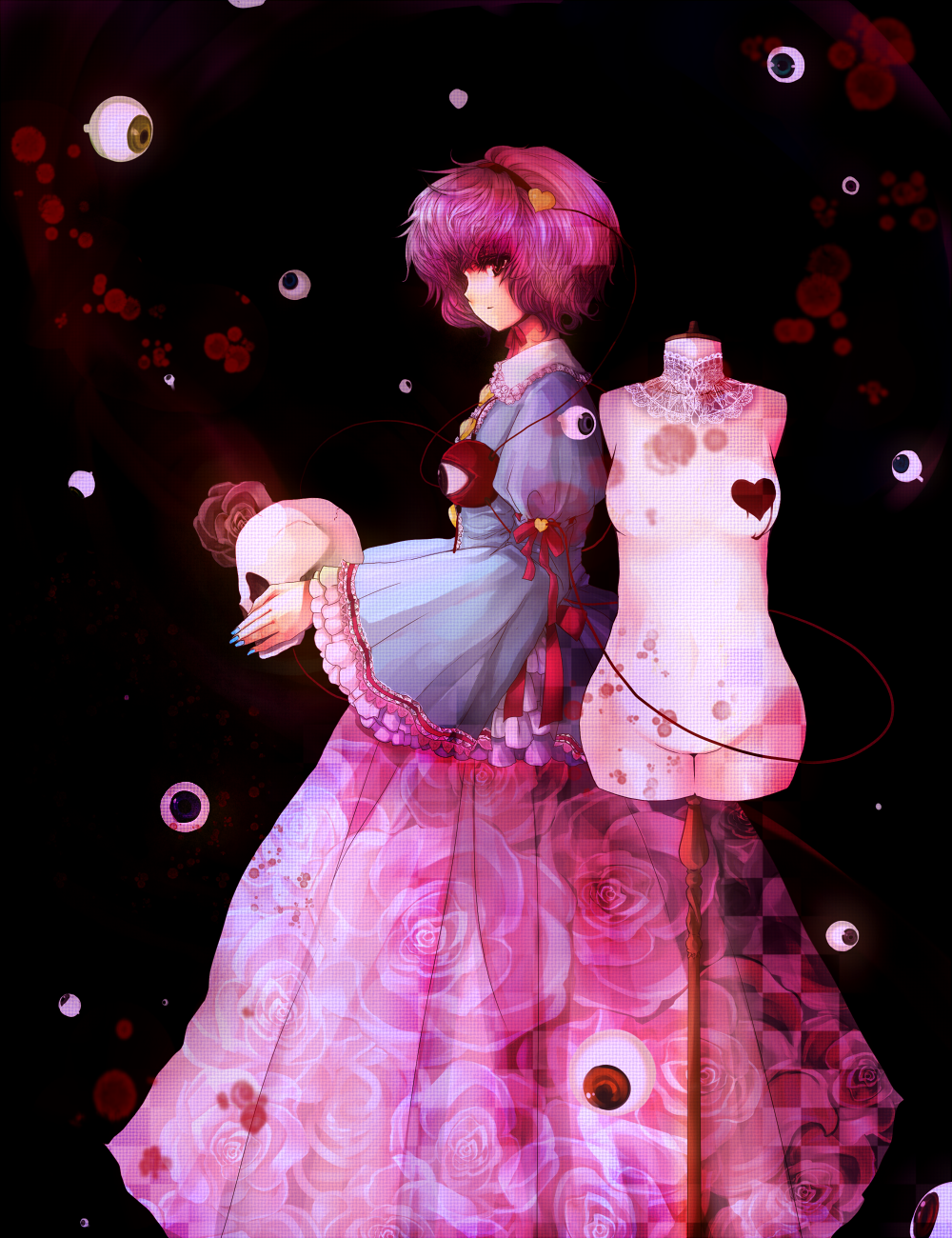 hanada hyou, komeiji satori, touhou, bad id, bad pixiv id, highres, 1girl, blue nails, female focus, mannequin, nail polish, pink hair, short hair, skull, solo