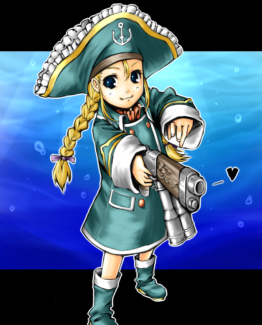 rans, patty fleur, tales of (series), tales of vesperia, bad id, bad pixiv id, 00s, 1girl, binoculars, blonde hair, blue boots, blue eyes, boots, braid, child, female focus, gun, hat, knee boots, long hair, pirate hat, smile, solo, standing, twin braids, weapon