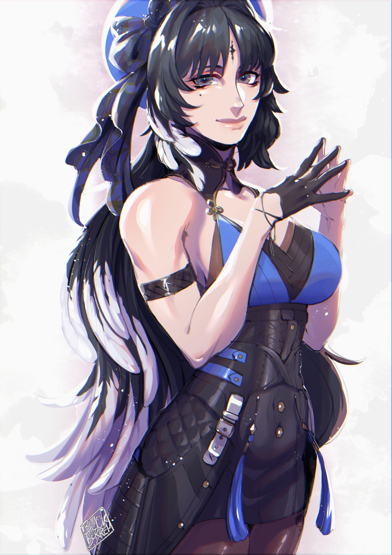 yangyang (wuthering waves), wuthering waves, highres, 1girl, bare shoulders, beret, black bow, black collar, black eyes, black gloves, black hair, blackberreh-art, blue hat, bow, breasts, closed mouth, collar, facial mark, feather hair, forehead mark, gloves, grey eyes, hair intakes, hat, hat bow, large breasts, lips, long hair, looking at viewer, mole, mole under eye, multicolored hair, parted bangs, smile, solo, standing, two-tone hair