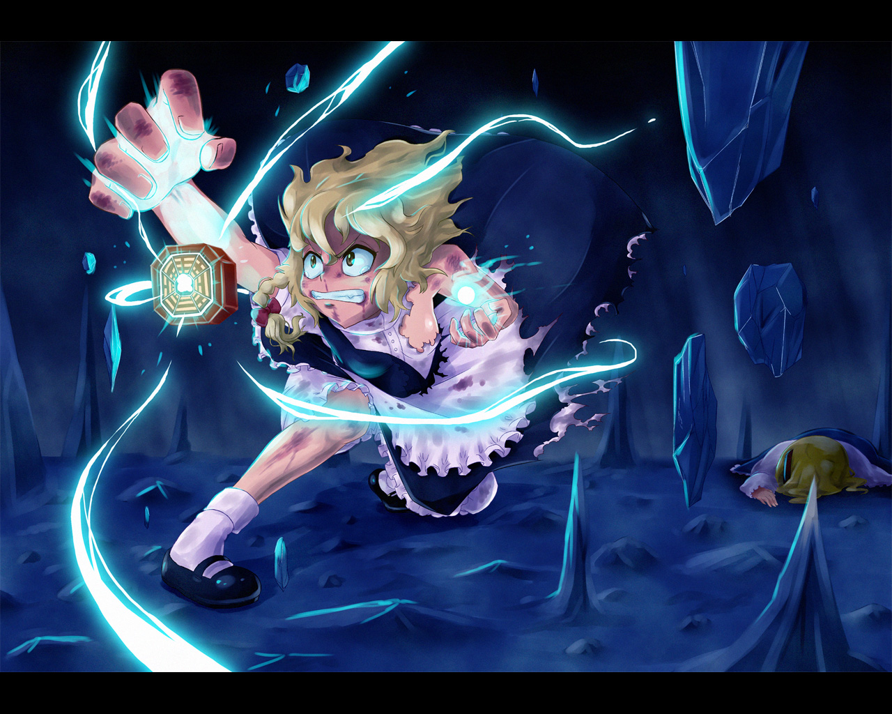 jimaken, alice margatroid, kirisame marisa, touhou, bad id, bad pixiv id, 2girls, blonde hair, blood, braid, female focus, letterboxed, mini-hakkero, multiple girls, short hair, tears, torn clothes, yellow eyes