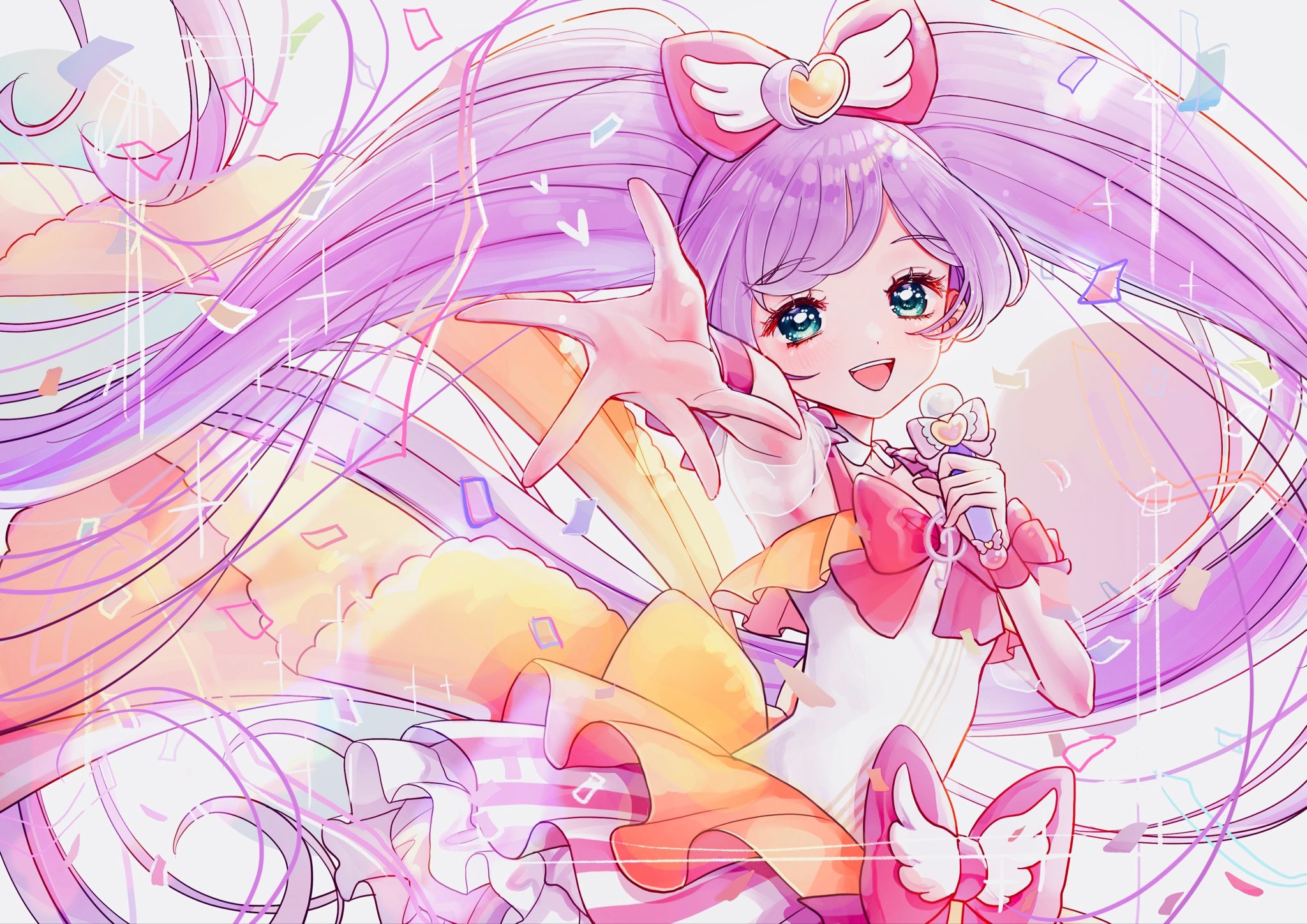 machiko (milk maciko), manaka laala, pretty series, pripara, commentary request, highres, 1girl, :d, ahoge, bow, confetti, cowboy shot, dress, floating hair, green eyes, hair bow, hands up, holding, holding microphone, layered dress, long hair, looking at viewer, microphone, open mouth, outstretched arm, pink bow, purple hair, reaching, reaching towards viewer, smile, solo, standing, twintails, very long hair