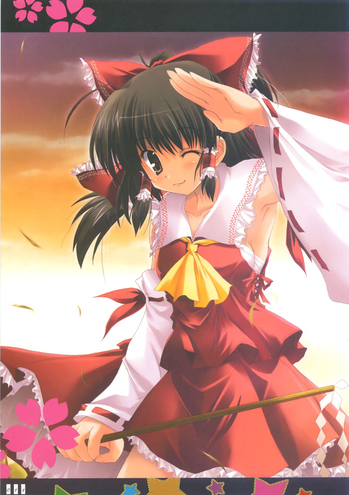 happy birthday (artist), hakurei reimu, touhou, highres, source request, 1girl, armpits, breasts, female focus, gohei, medium breasts, one eye closed, oonusa, salute, sarashi, sideboob, solo, wink