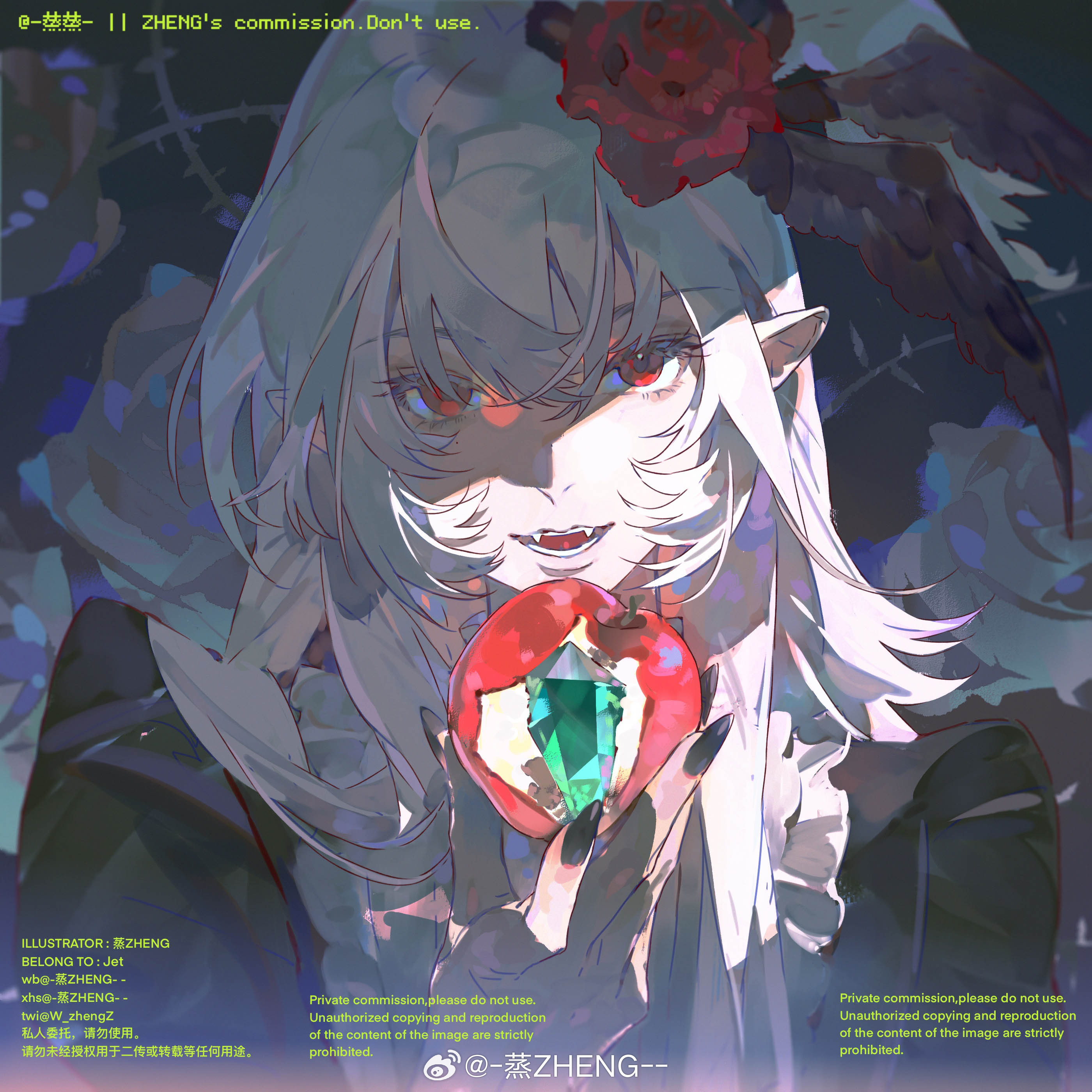 absurdres, copyright request, highres, non-web source, 1girl, apple, english text, food, fruit, long hair, long sleeves, looking at viewer, open mouth, red eyes, solo, w zhengzz, white hair