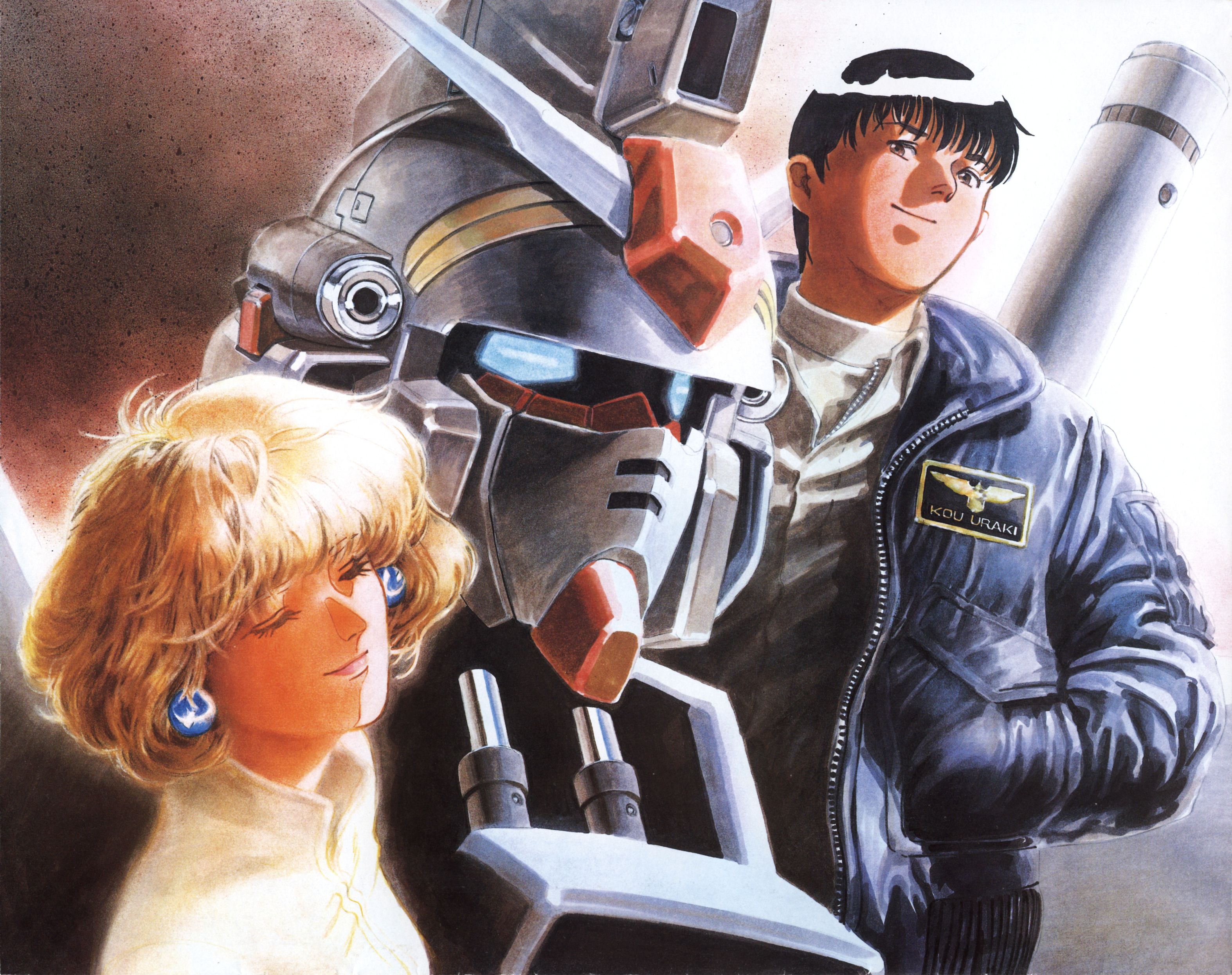 katoki hajime, gundam gp-01 zephyranthes, kou uraki, nina purpleton, gundam, gundam 0083, absurdres, highres, 1990s (style), 1boy, 1girl, couple, hetero, mecha, retro artstyle, robot