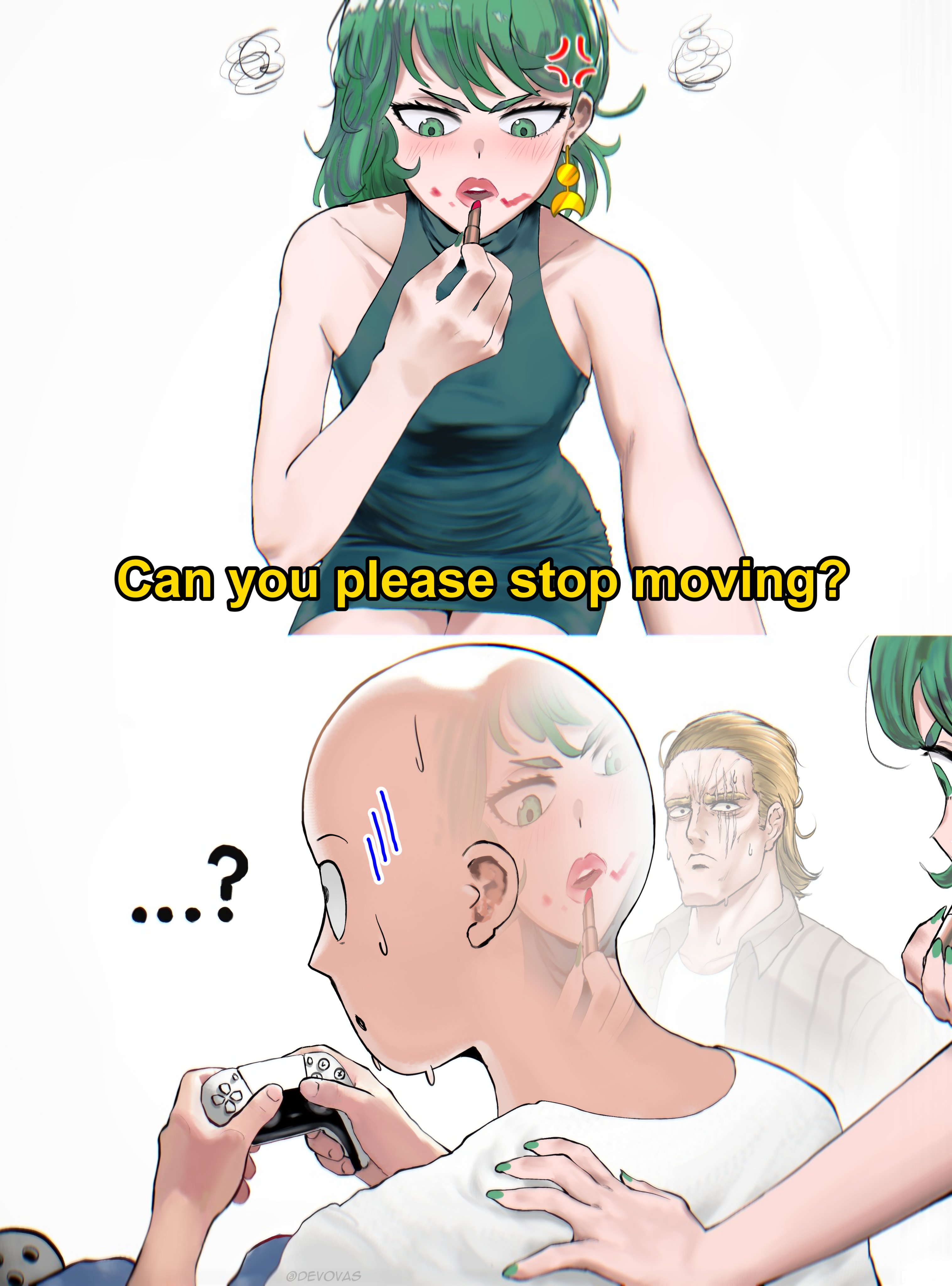 devovas, king (one-punch man), saitama (one-punch man), tatsumaki, one-punch man, absurdres, highres, …, 1girl, 2boys, ?, anger vein, bald, bare arms, bare shoulders, black dress, blush, collarbone, controller, dress, game controller, green eyes, green hair, holding, holding controller, holding game controller, lipstick, makeup, medium hair, multiple boys, playstation controller, simple background, sweat, white background