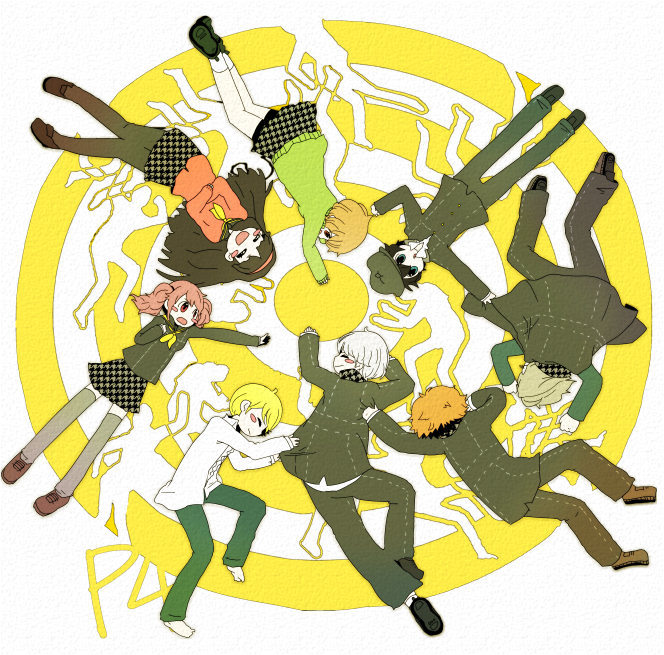 amagi yukiko, hanamura yousuke, kujikawa rise, kuma (persona 4), narukami yu, satonaka chie, shirogane naoto, tatsumi kanji, atlus, persona, persona 4, 3girls, 5boys, circle formation, multiple boys, multiple girls, pantyhose, school uniform, thighhighs