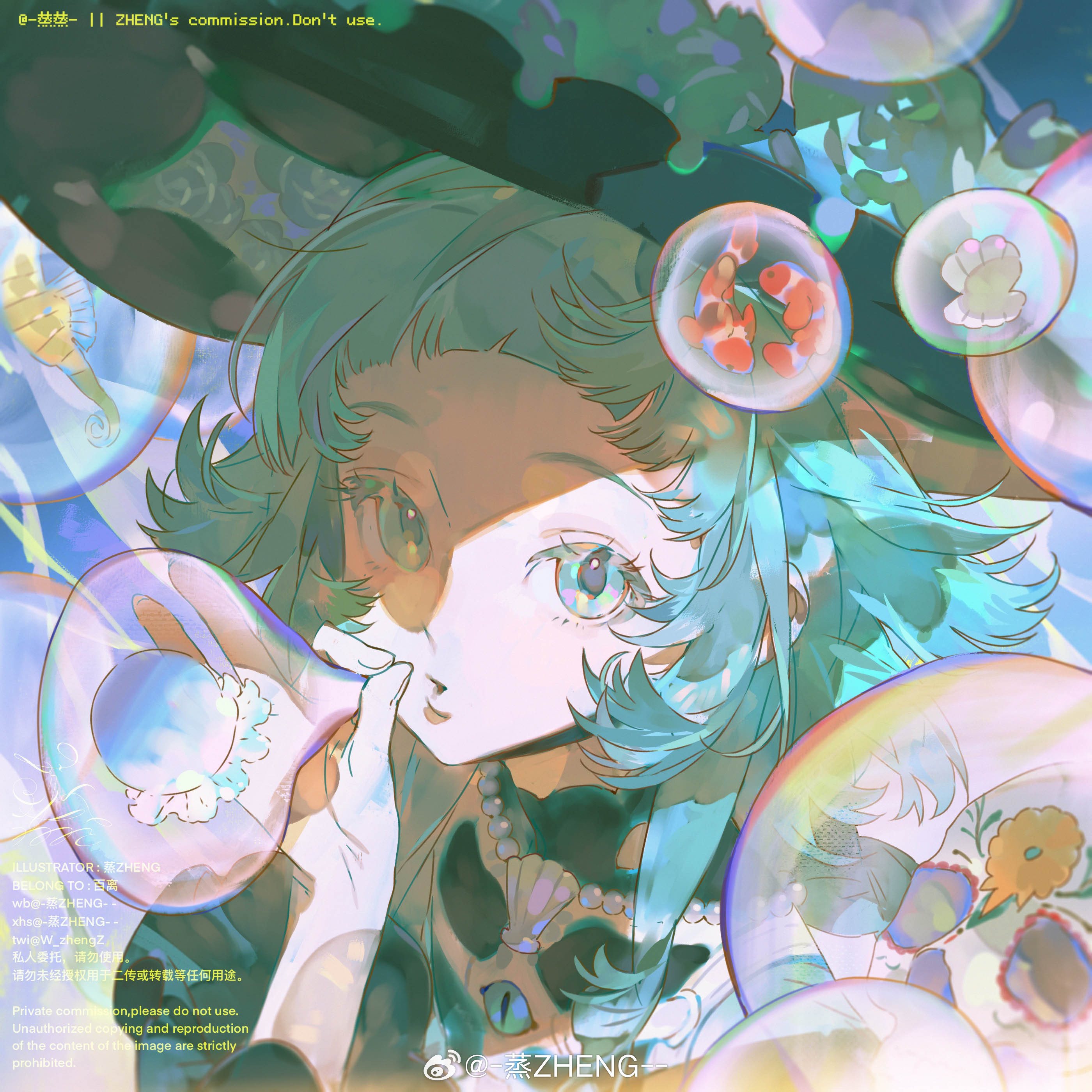 absurdres, copyright request, highres, non-web source, 1girl, blue hair, bubble, w zhengzz