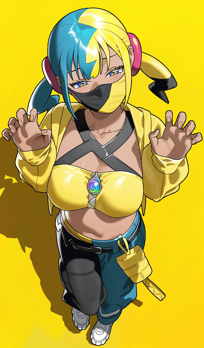 987645321o, canari (pokemon), nintendo, pokemon, pokemon legends: z-a, commentary request, highres, 1girl, bandeau, black hair, black mask, black pants, blonde hair, blue eyes, blue hair, blue pants, breasts, collarbone, dark-skinned female, dark skin, fingernails, jacket, large breasts, looking at viewer, midriff, multicolored hair, navel, pants, shadow, solo, standing, twintails, two-tone mask, two-tone pants, yellow background, yellow bandeau, yellow jacket, yellow mask