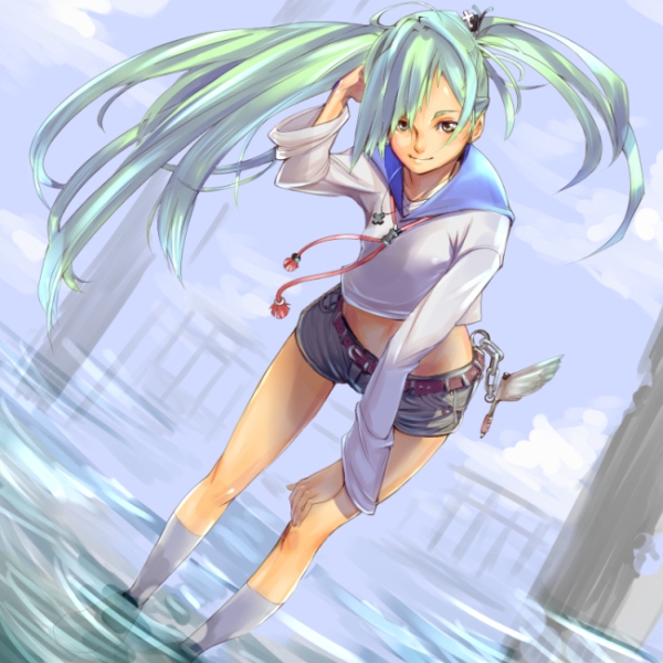 aguhari, bad id, bad pixiv id, 1girl, bent over, chain, denim, denim shorts, female focus, green hair, leaning forward, legs, long hair, midriff, shorts, smile, socks, solo, twintails, uneven twintails, water