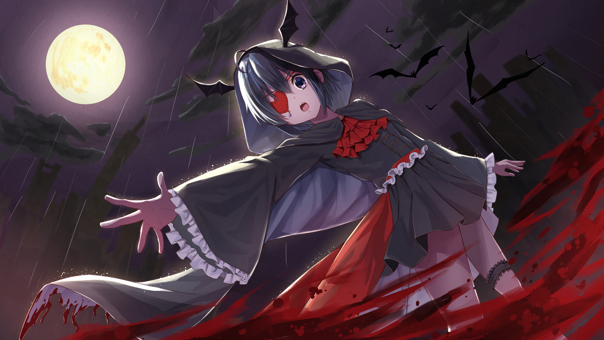 shikkoku no hono mikado, takanashi rikka, chuunibyou demo koi ga shitai!, highres, 1girl, ahoge, animal, bat (animal), black hair, black skirt, blood, cape, eyepatch, fang, frilled sleeves, frills, full moon, heart, heart eyepatch, hood, hooded cape, long sleeves, medium hair, miniskirt, moon, multicolored hair, o-ring, skirt, solo, streaked hair, two-tone hair