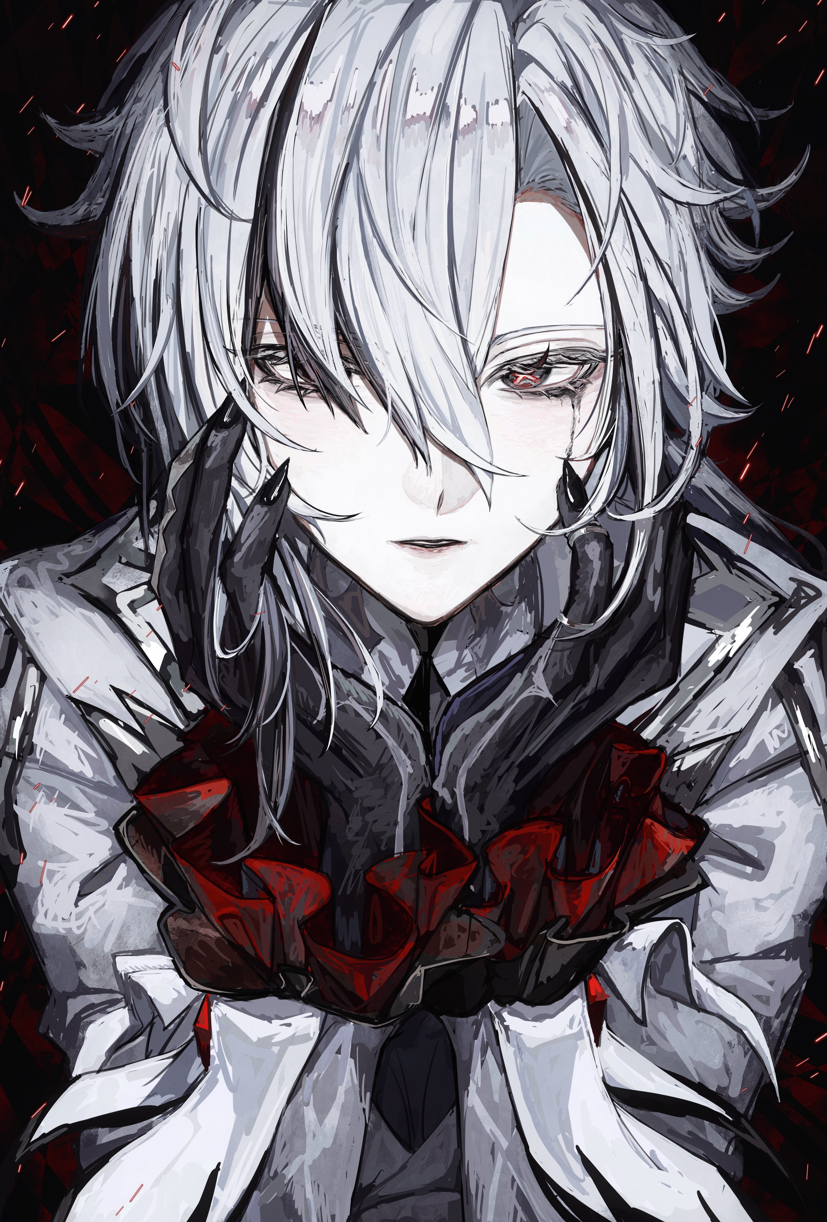 koumimi, arlecchino (genshin impact), genshin impact, absurdres, commentary request, highres, 1girl, black background, black eyes, black hair, black hands, black nails, colored extremities, grey jacket, hair over one eye, hands up, jacket, light particles, looking at viewer, multicolored hair, parted lips, solo, straight-on, streaked hair, symbol-shaped pupils, upper body, white hair, x-shaped pupils