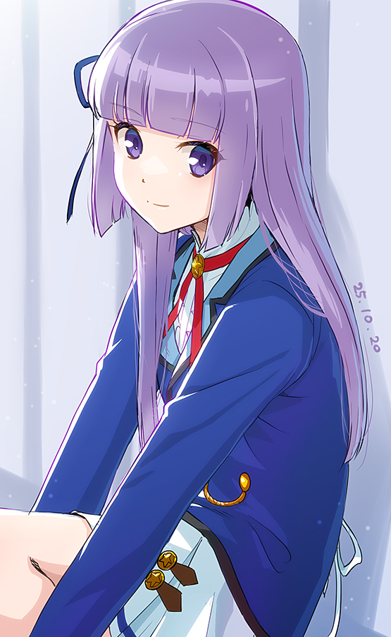 yone, hikami sumire, aikatsu!, aikatsu! (series), 1girl, blazer, blue jacket, blue ribbon, blunt bangs, closed mouth, dated, hair ribbon, jacket, long hair, long sleeves, looking at viewer, miniskirt, neck ribbon, pleated skirt, purple eyes, purple hair, red ribbon, ribbon, school uniform, shirt, sitting, skirt, smile, solo, starlight academy school uniform, white shirt, white skirt, winter uniform
