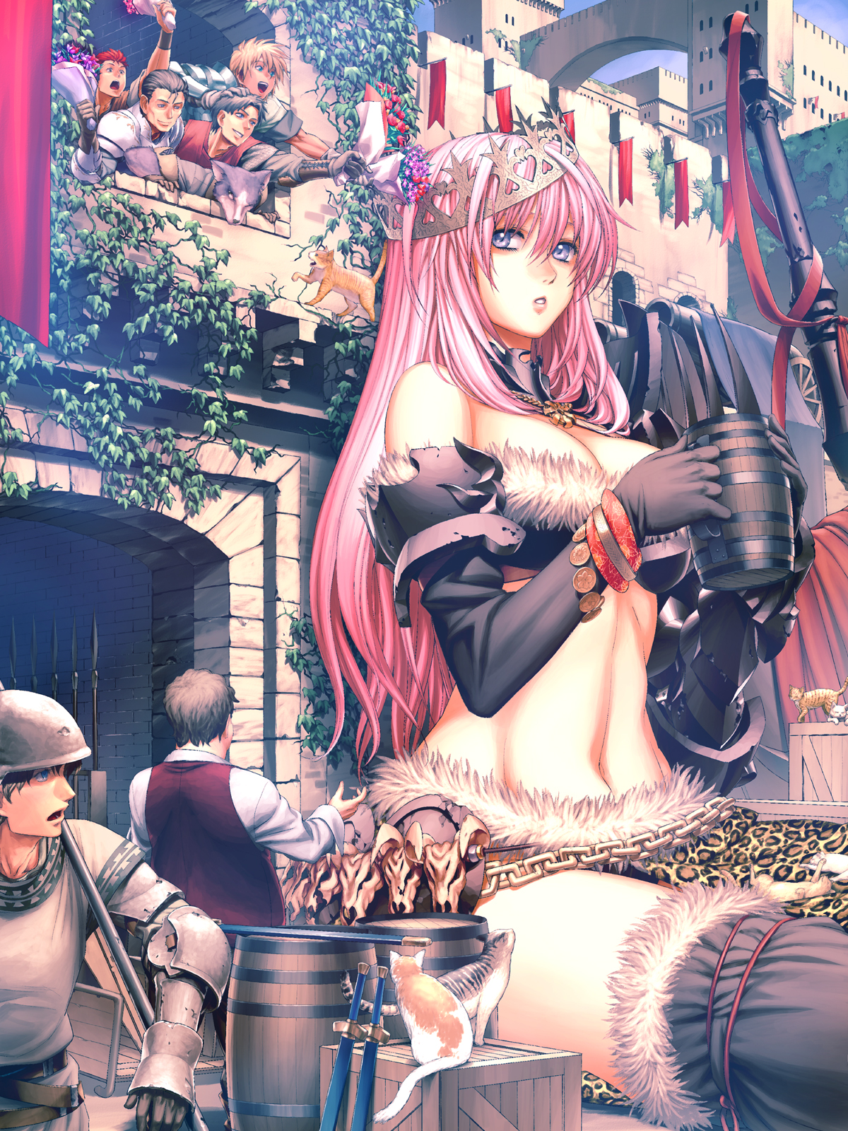 aoi subaru, pixiv fantasia, pixiv fantasia 3, fur, highres, 1girl, 6+boys, armor, barrel, box, breasts, cannon, castle, cat, cleavage, crown, detached sleeves, elbow gloves, flower, giant, giantess, gigandal federation, gloves, jewelry, large breasts, long hair, midriff, multiple boys, navel, necklace, pink hair, plant, polearm, skull, sword, thighhighs, vines, weapon