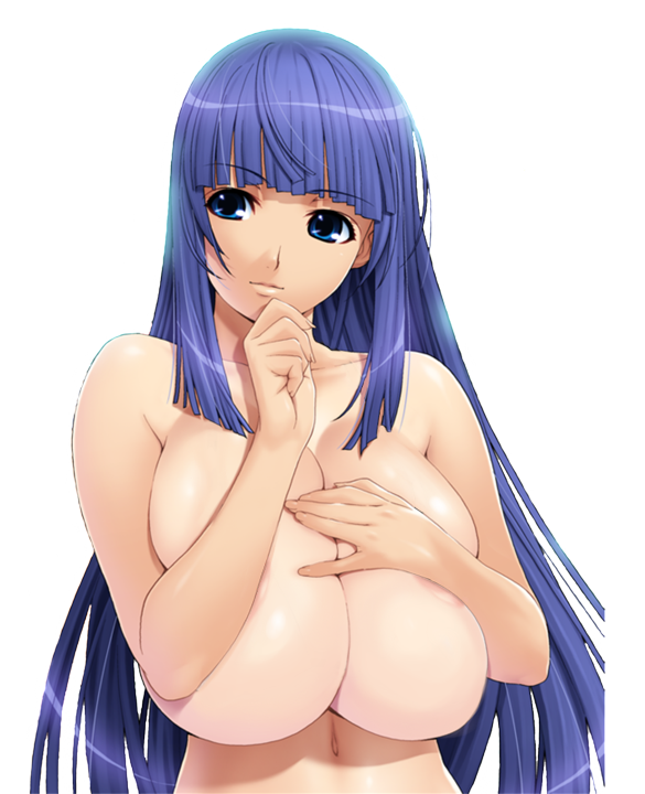 ino (magloid), fuutou shizune, oshioki sweetie, 1girl, areola slip, blue eyes, blue hair, blunt bangs, breast suppress, breasts, covering nipples, covering privates, female focus, gigantic breasts, huge breasts, long hair, matching hair/eyes, nude, solo, transparent background