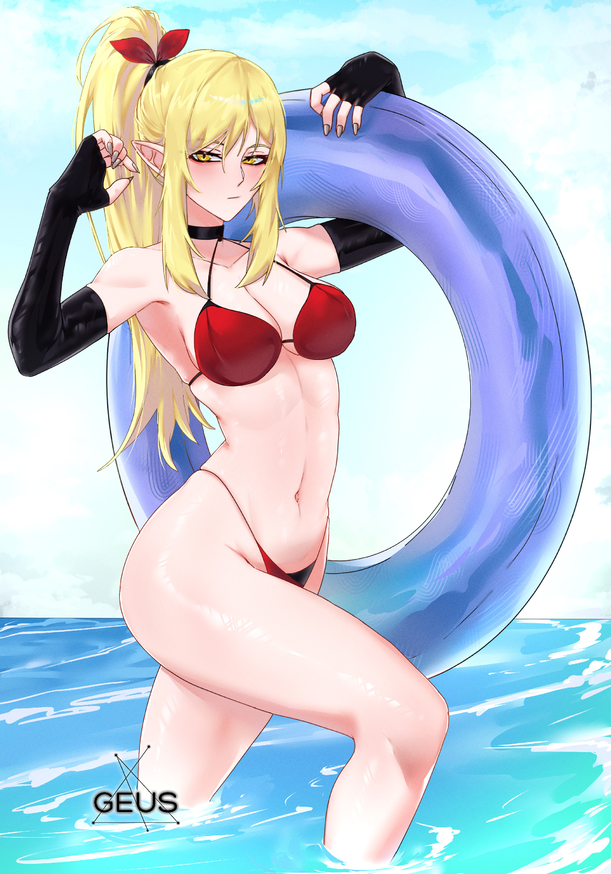 geus (just geus), kiss-shot acerola-orion heart-under-blade, oshino shinobu, monogatari (series), absurdres, highres, 1girl, bare shoulders, bikini, black bikini, blonde hair, blush, breasts, cleavage, elbow gloves, fingerless gloves, gloves, hair ribbon, hands up, holding, holding swim ring, innertube, large breasts, long hair, looking at viewer, pointy ears, ponytail, red bikini, red ribbon, ribbon, solo, swim ring, swimsuit, wading, water, yellow eyes