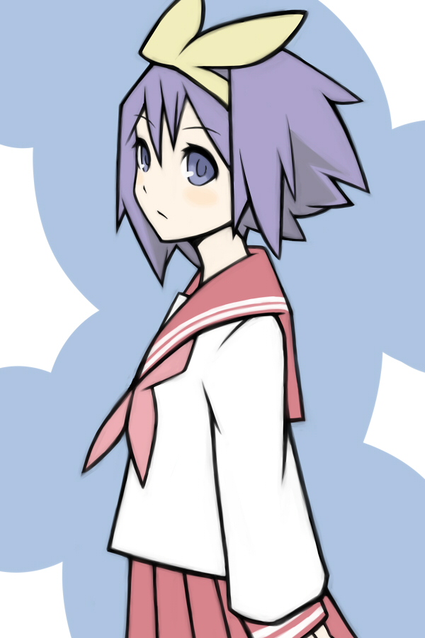 riichi, shun (nikoru555), hiiragi tsukasa, lucky star, bad id, bad pixiv id, 00s, 1girl, blue eyes, female focus, hair ribbon, purple hair, ribbon, school uniform, serafuku, short hair, solo