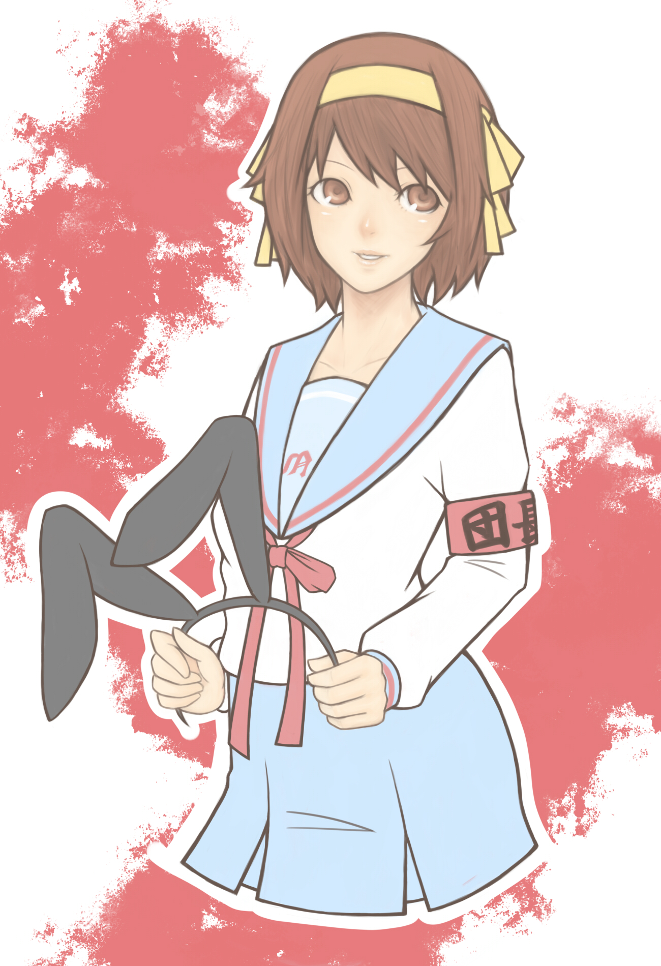 riichi, shun (nikoru555), suzumiya haruhi, suzumiya haruhi no yuuutsu, bad id, bad pixiv id, highres, 00s, 1girl, animal ears, armband, brown eyes, brown hair, female focus, hair ribbon, rabbit ears, ribbon, school uniform, serafuku, solo