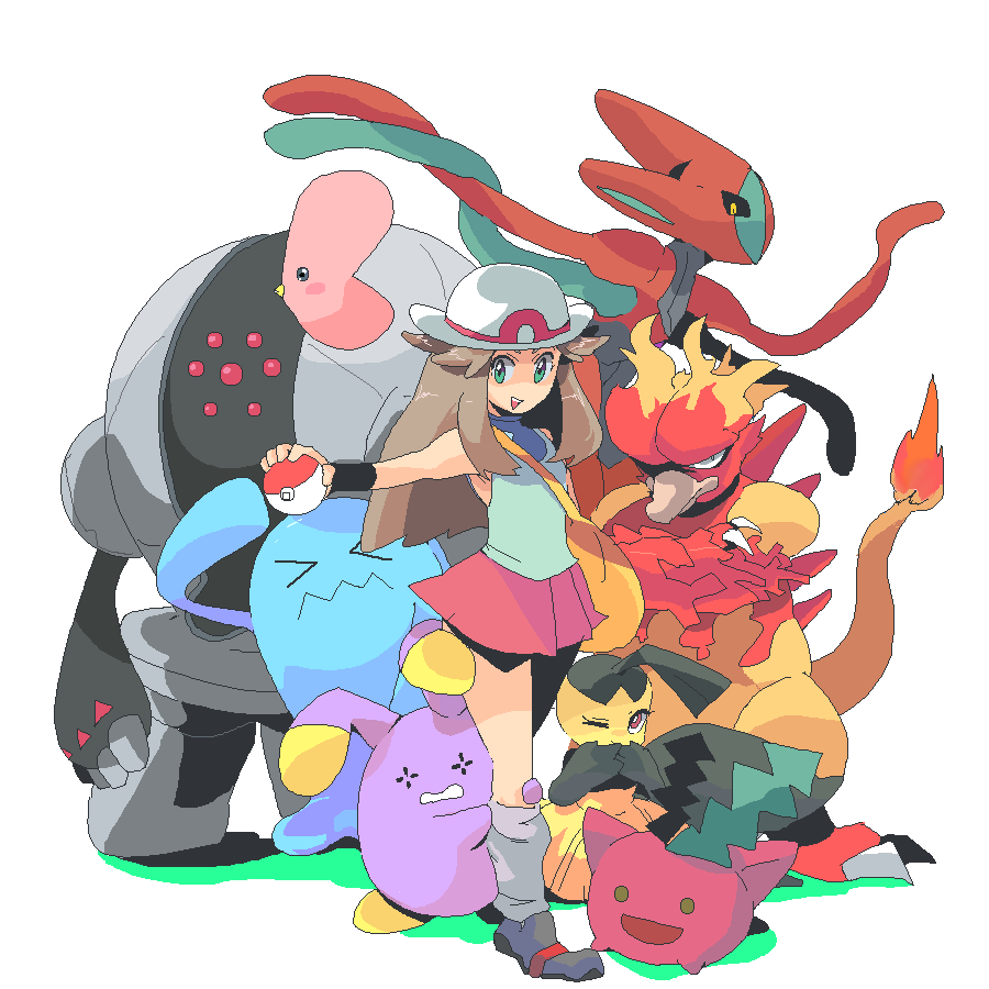 ameyan, dengaku ame, deoxys, deoxys (attack), hoppip, leaf (pokemon), luvdisc, magmar, mawile, registeel, whismur, wobbuffet, nintendo, pokemon, pokemon frlg, bad id, bad pixiv id, 00s, 1girl, alternate form, bag, brown hair, fire, flame-tipped tail, gen 1 pokemon, gen 2 pokemon, gen 3 pokemon, green eyes, hat, holding, holding poke ball, legendary pokemon, miniskirt, mythical pokemon, one eye closed, poke ball, poke ball (basic), pokemon (creature), shoes, skirt, smile, socks, standing, tail, tank top, wink