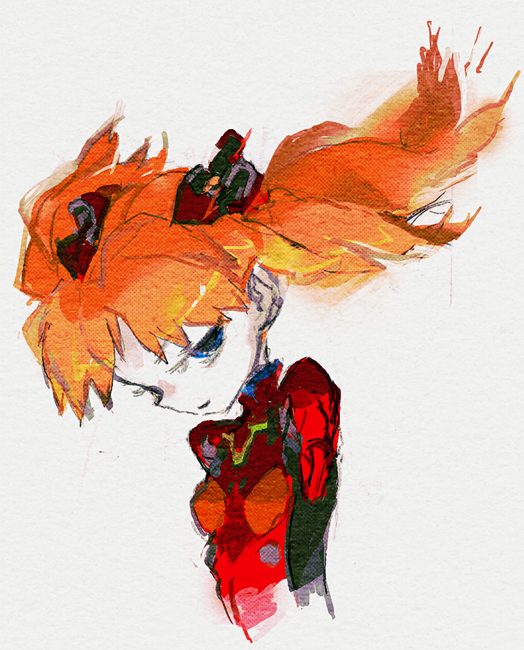 jnt, meido in meido, souryuu asuka langley, neon genesis evangelion, bad id, bad pixiv id, 1girl, blue eyes, female focus, flat chest, mecha pilot suit, orange hair, plugsuit (evangelion), red hair, smile, solo, twintails