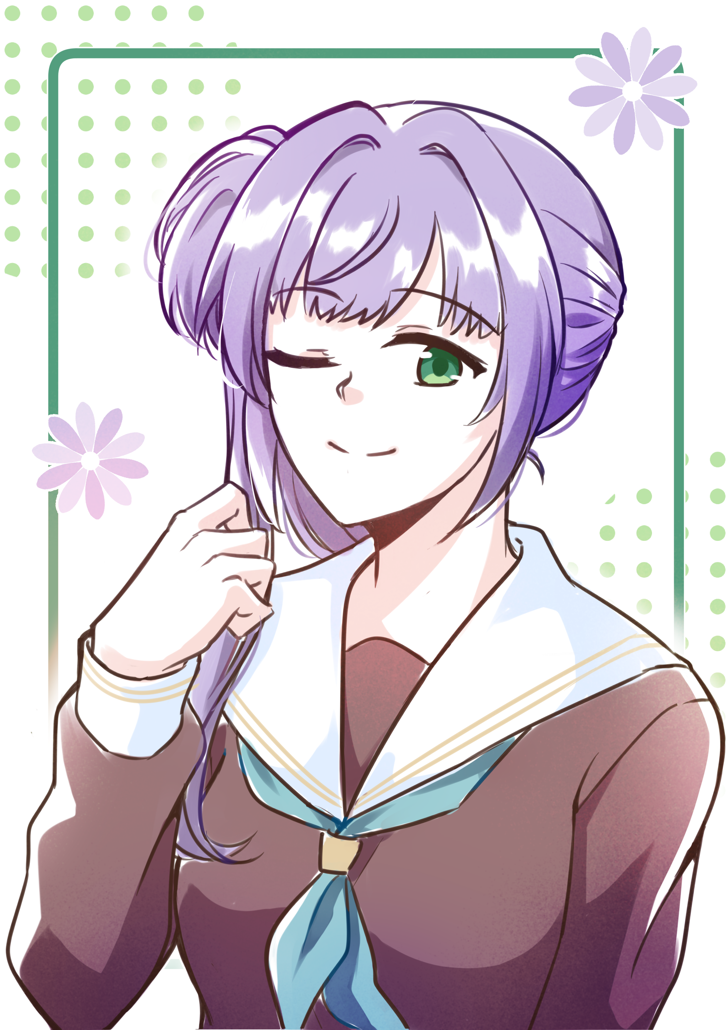 otomune kozue, link! like! love live!, love live!, absurdres, commentary request, highres, 1girl, aqua neckerchief, brown dress, dress, flower symbol, hair intakes, hasu no sora school uniform, lone nape hair, long hair, long sleeves, looking at viewer, neckerchief, potatopenggu, purple hair, sailor collar, sailor dress, school uniform, side ponytail, sidelocks, solo, virtual youtuber, white background, white sailor collar, winter uniform