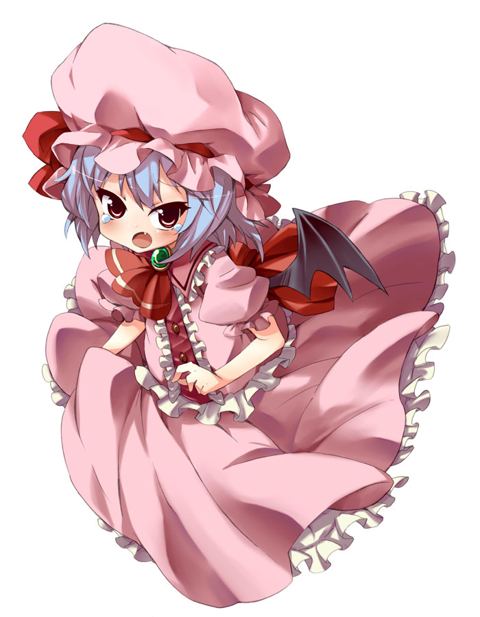 hama chon, remilia scarlet, touhou, 1girl, bat wings, blue hair, fang, female focus, hat, red eyes, short hair, simple background, skirt, solo, tears, white background, wings