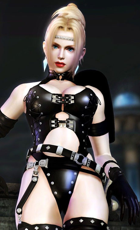 rachel (ninja gaiden), ninja gaiden, tecmo, official art, 1girl, 3d, armband, armor, arms at sides, asymmetrical gloves, belt, black thighhighs, blonde hair, blue eyes, blurry, breasts, circlet, cleavage, cleavage cutout, clothing cutout, depth of field, earrings, female focus, from below, garter belt, garter straps, gloves, hammer, high ponytail, jewelry, large breasts, leather, leather armor, legs together, leotard, lips, lipstick, makeup, o-ring, o-ring belt, outdoors, pauldrons, ponytail, shoulder armor, solo, standing, strap, studded leather, thighhighs, thighs, tiara, uneven gloves, weapon