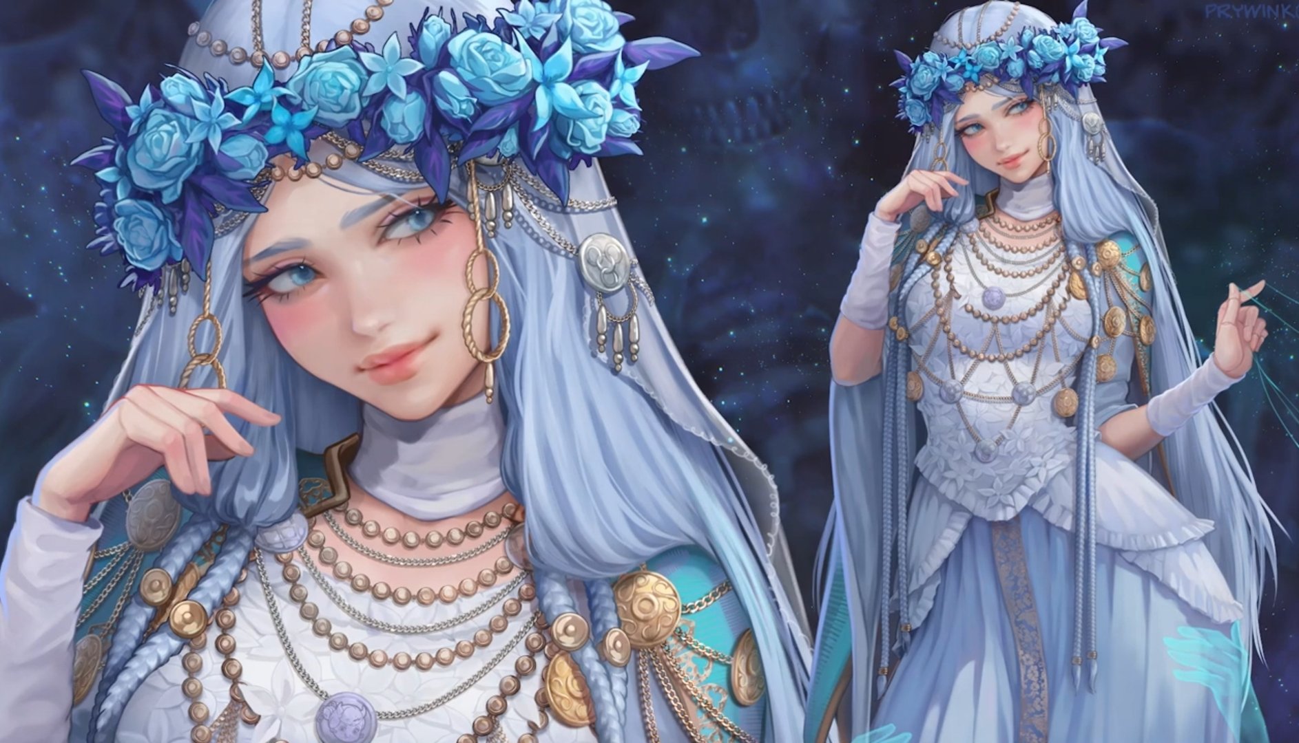 prywinko, revenant (elden ring), elden ring, elden ring nightreign, highres, 1girl, blue dress, blue eyes, blue flower, blue hair, blue rose, dress, earrings, flower, flower wreath, hair ornament, hand up, head wreath, jewelry, lips, long hair, looking to the side, multiple views, necklace, rose, smile, upper body, veil, very long hair, white dress, zoom layer