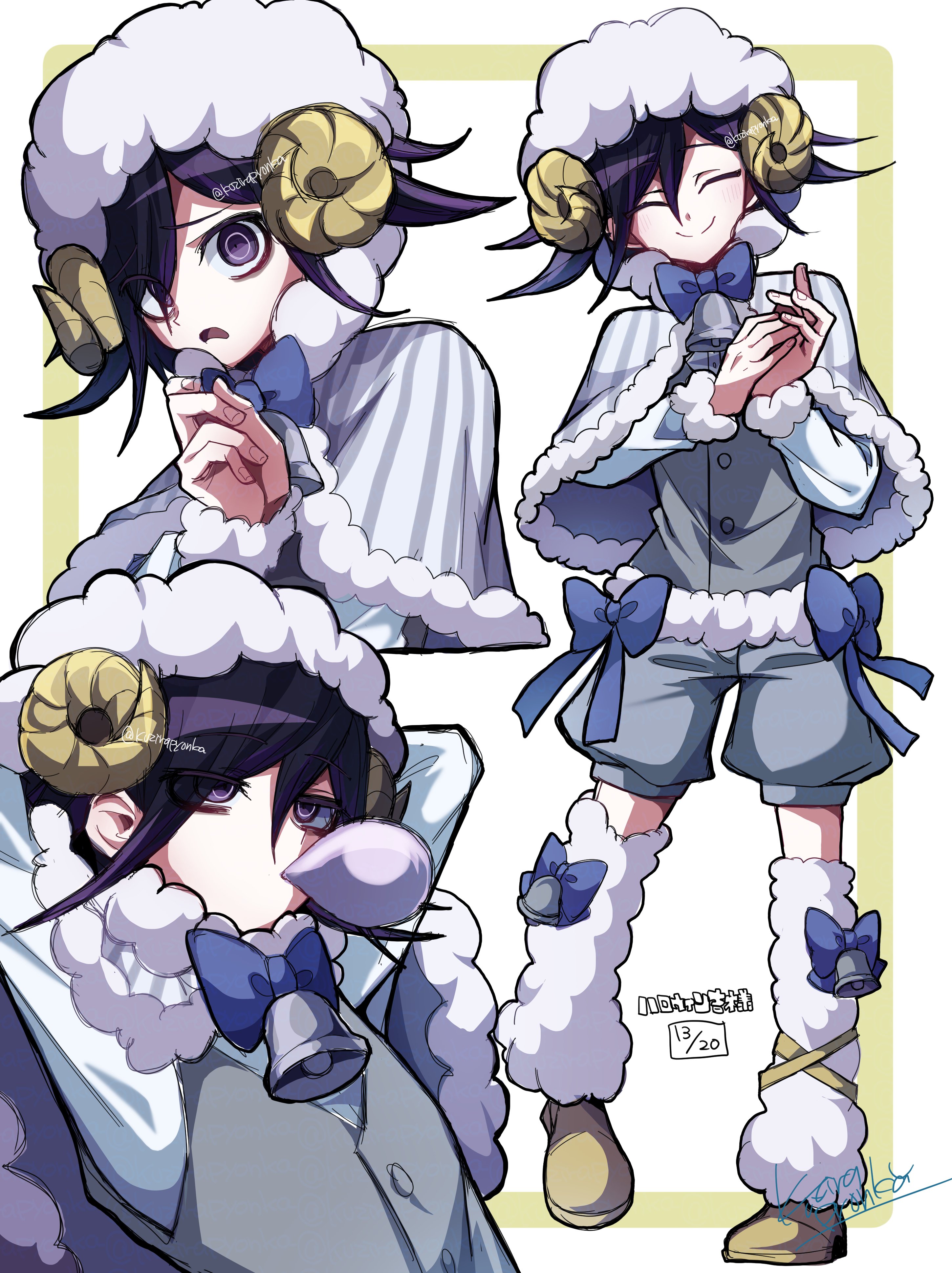 kujira pyon ka, oma kokichi, danganronpa (series), danganronpa v3: killing harmony, absurdres, highres, 1boy, animal costume, animal hood, bell, black hair, blue bow, blue bowtie, bow, bowtie, brown shoes, closed eyes, closed mouth, facing viewer, fur socks, grey shorts, hair between eyes, hood, horns, looking at viewer, neck bell, own hands together, sheep costume, sheep hood, sheep horns, shoes, shorts, smile, solo