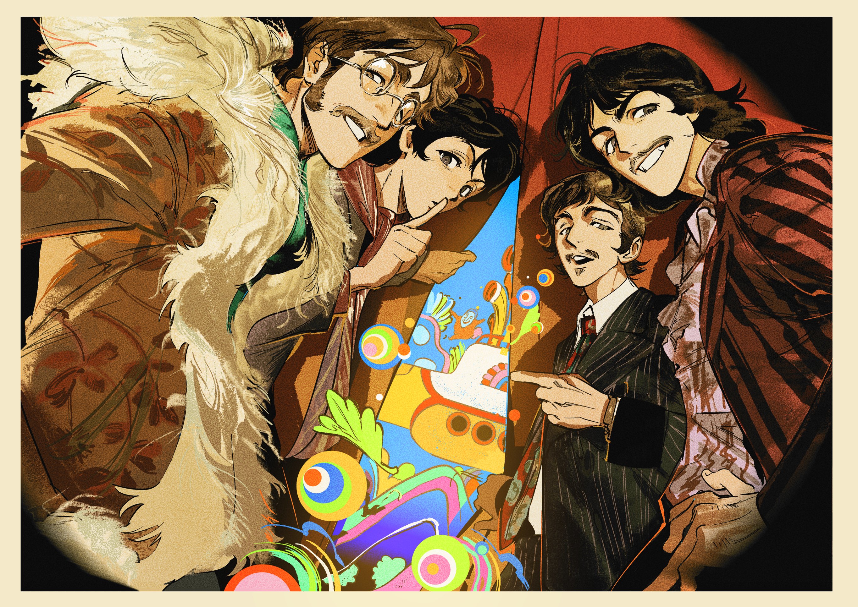 atie1225, george harrison, john lennon, paul mccartney, ringo starr, the beatles, yellow submarine, highres, 4boys, black eyes, black hair, black shirt, brown coat, brown eyes, brown hair, brown scarf, coat, curtains, facial hair, finger to mouth, fur-trimmed coat, fur trim, green shirt, jacket, long hair, looking at viewer, male focus, multicolored necktie, multiple boys, mustache, necktie, open mouth, pointing, scarf, shirt, short hair, sideburns, smile, stage curtains, striped clothes, striped jacket, submarine, teeth, upper teeth only, vertical-striped clothes, vertical-striped jacket, vertical-striped suit, watercraft, white shirt