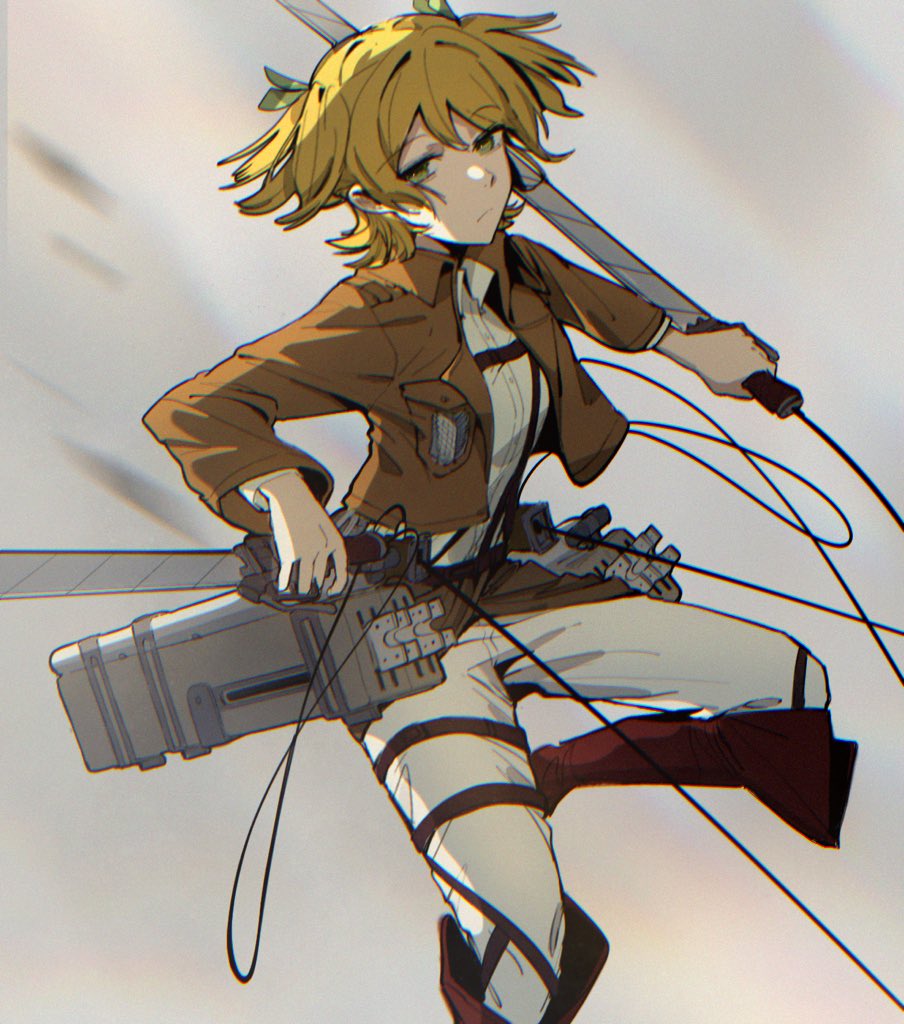 muoo (muoo 086), daiba nana, shingeki no kyojin, shoujo kageki revue starlight, chinese commentary, commentary request, 1girl, blonde hair, boots, breasts, brown jacket, chest harness, chromatic aberration, closed mouth, collared shirt, day, debris, dual wielding, foot out of frame, green eyes, green ribbon, hair ribbon, hands up, harness, holding, holding sword, holding weapon, jacket, knee boots, leg up, long sleeves, looking at viewer, medium breasts, midair, motion blur, open clothes, open jacket, outdoors, overcast, pants, paradis military uniform, red boots, reverse grip, ribbon, shirt, short hair, short twintails, sky, solo, sword, thigh strap, three-dimensional maneuver gear, twintails, weapon, white pants, white shirt