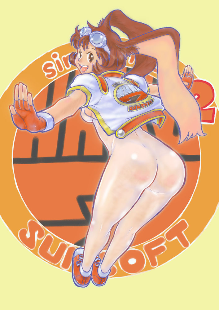 rekka-uran, rekka uran, makihara arina, waku waku 7, 1girl, ass, bodysuit, bottomless, brown eyes, brown hair, fingerless gloves, gloves, goggles, latex, no panties, orange background, see-through bodysuit, see-through clothes, skin tight, unitard