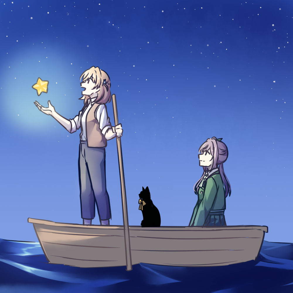 hinoshita kaho, otomune kozue, link! like! love live!, love live!, commentary request, 2girls, :d, alternate costume, black cat, black pants, blue sky, boat, brown vest, cat, collared shirt, fortune movie (love live!), green jacket, green necktie, hair ornament, holding, holding oar, jacket, long hair, long sleeves, looking ahead, looking at another, medium hair, multiple girls, necktie, night, night sky, oar, object floating above hand, official alternate costume, on boat, open clothes, open mouth, open vest, orange hair, outdoors, pants, potatopenggu, profile, purple hair, rabbit hair ornament, shirt, side ponytail, sidelocks, sitting, sky, smile, square-end necktie, standing, star (sky), star (symbol), starry sky, striped necktie, two side up, vest, virtual youtuber, watercraft, white shirt