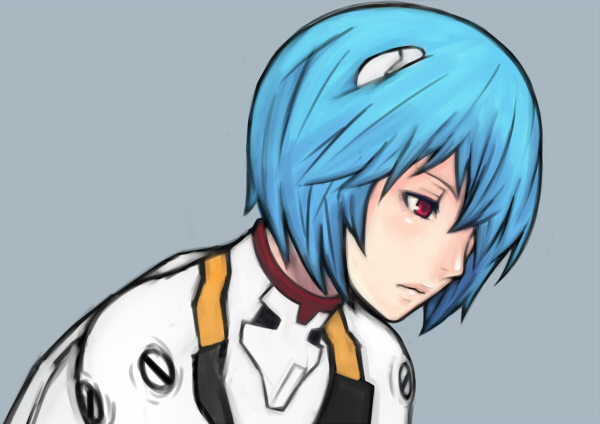 riichi, yamaden (gottamix), ayanami rei, neon genesis evangelion, 1girl, blue hair, female focus, mecha pilot suit, plugsuit (evangelion), red eyes, solo