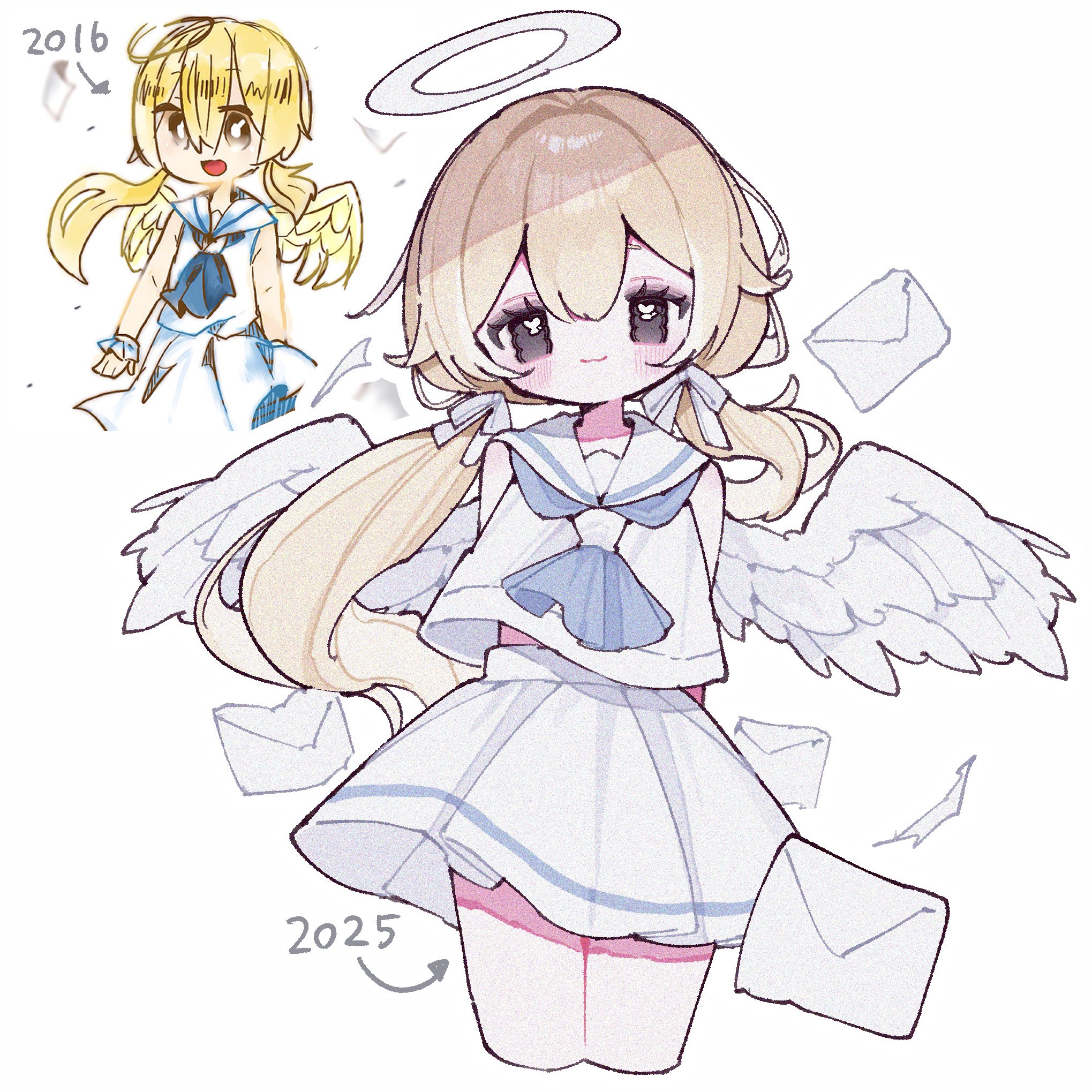 upa papa co, original, commentary request, highres, 1girl, :3, angel wings, arms behind back, bare shoulders, blonde hair, blue neckerchief, blush, brown eyes, closed mouth, cropped legs, double-parted bangs, feathered wings, halo, letter, long hair, looking at viewer, low twintails, neckerchief, pleated skirt, sailor collar, school uniform, serafuku, shirt, simple background, skirt, sleeveless, sleeveless shirt, smile, solo, traditional halo, twintails, white background, white halo, white sailor collar, white shirt, white skirt, white wings, wings
