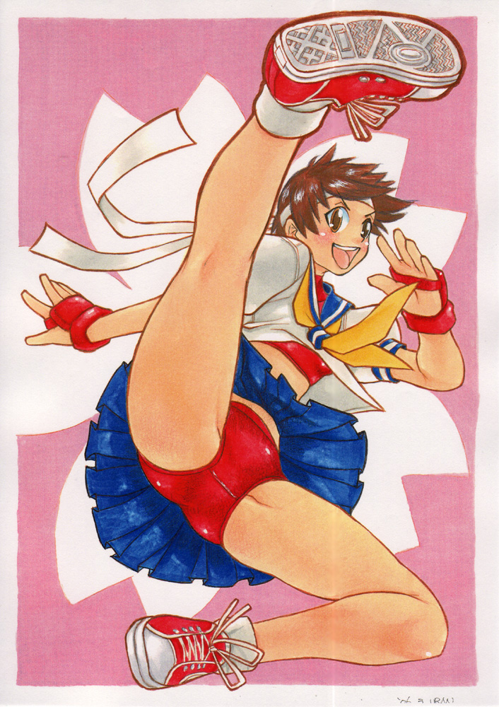 rekka-uran, rekka uran, kasugano sakura, capcom, street fighter, 1girl, blue sailor collar, brown eyes, brown hair, buruma, female focus, headband, high kick, kicking, sailor collar, shoes, sneakers, solo, sports bra, upskirt