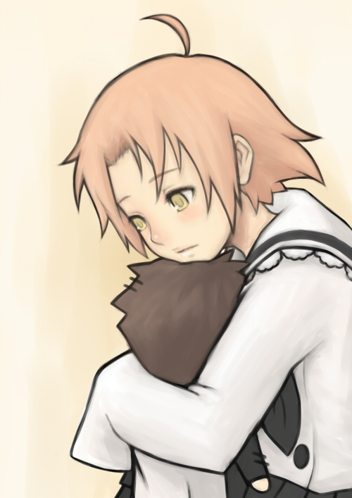 riichi, shun (nikoru555), kogami akira, shiraishi minoru, lucky star, bad id, bad pixiv id, 00s, 1boy, 1girl, ahoge, head on head, head rest, oversized clothes, pink hair, school uniform, yellow eyes