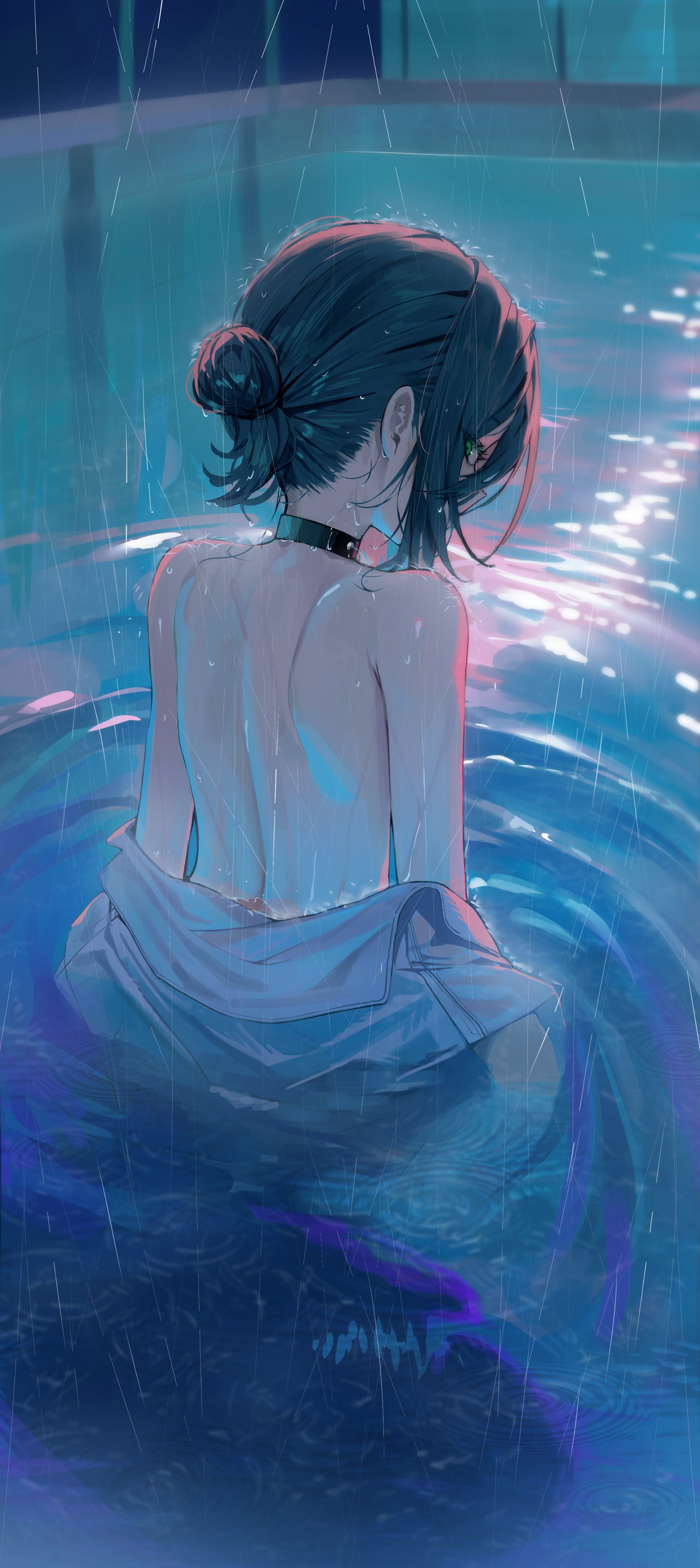kerno, reze (chainsaw man), chainsaw man, absurdres, highres, 1girl, bare back, bare shoulders, black choker, black hair, choker, from behind, looking at viewer, looking back, open clothes, open shirt, outdoors, rain, shirt, solo, water drop, white shirt