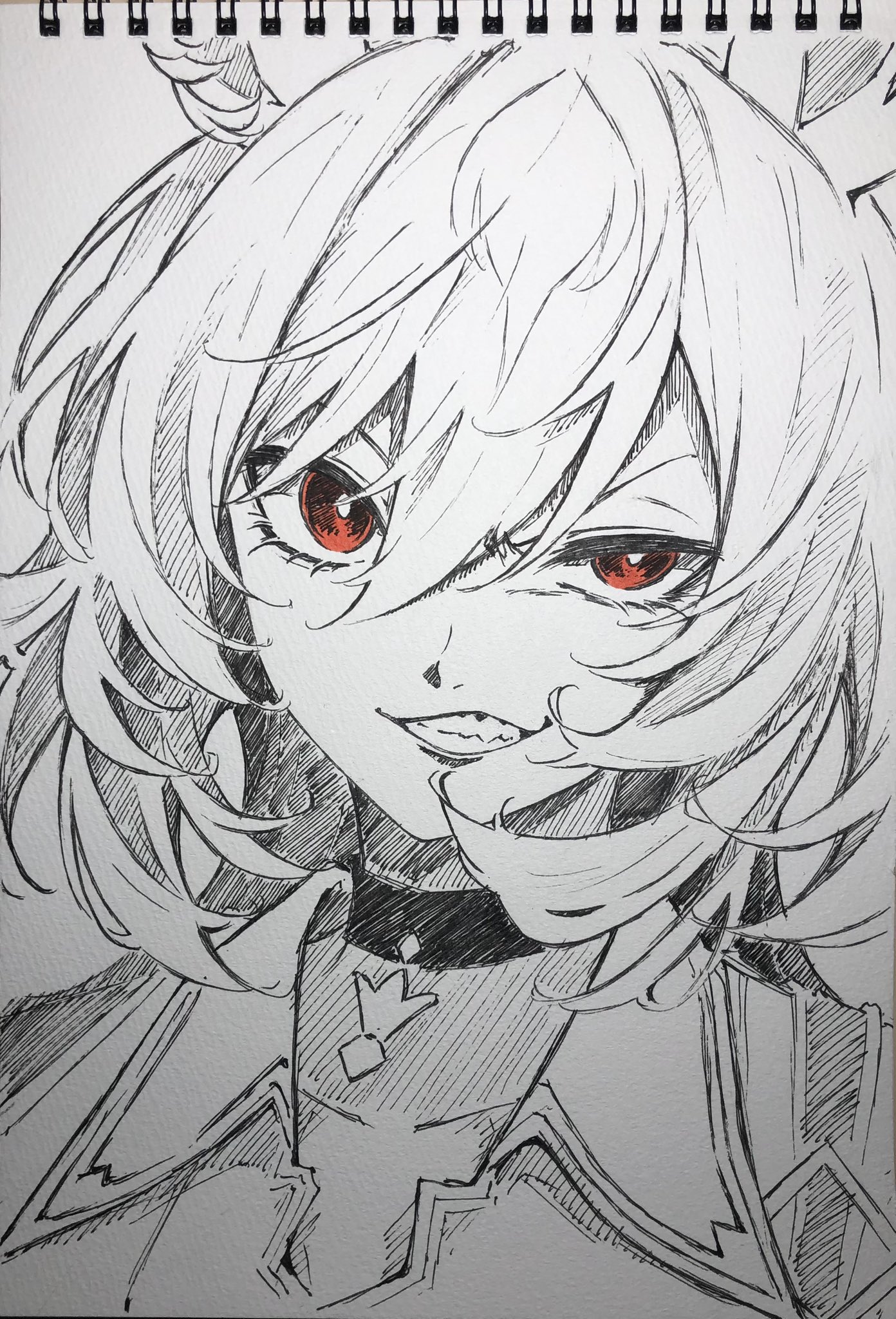 mizuiro neko, sirius symboli (feroce) (umamusume), sirius symboli (umamusume), umamusume, hashtag-only commentary, highres, photo (medium), traditional media, 1girl, animal ears, choker, clenched teeth, collar, greyscale, hair between eyes, horse ears, horse girl, looking at viewer, monochrome, open mouth, portrait, red eyes, sidelocks, solo, spot color, teeth